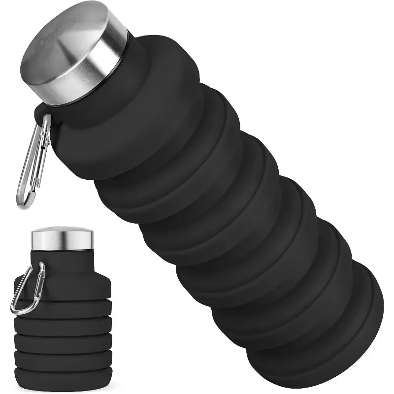 16oz Collapsible Silicone Water Bottle, Portable Reusable Foldable Cup with Carabiner for Gym Travel Camping Hiking, BPA-Free Leakproof Lightweight Design