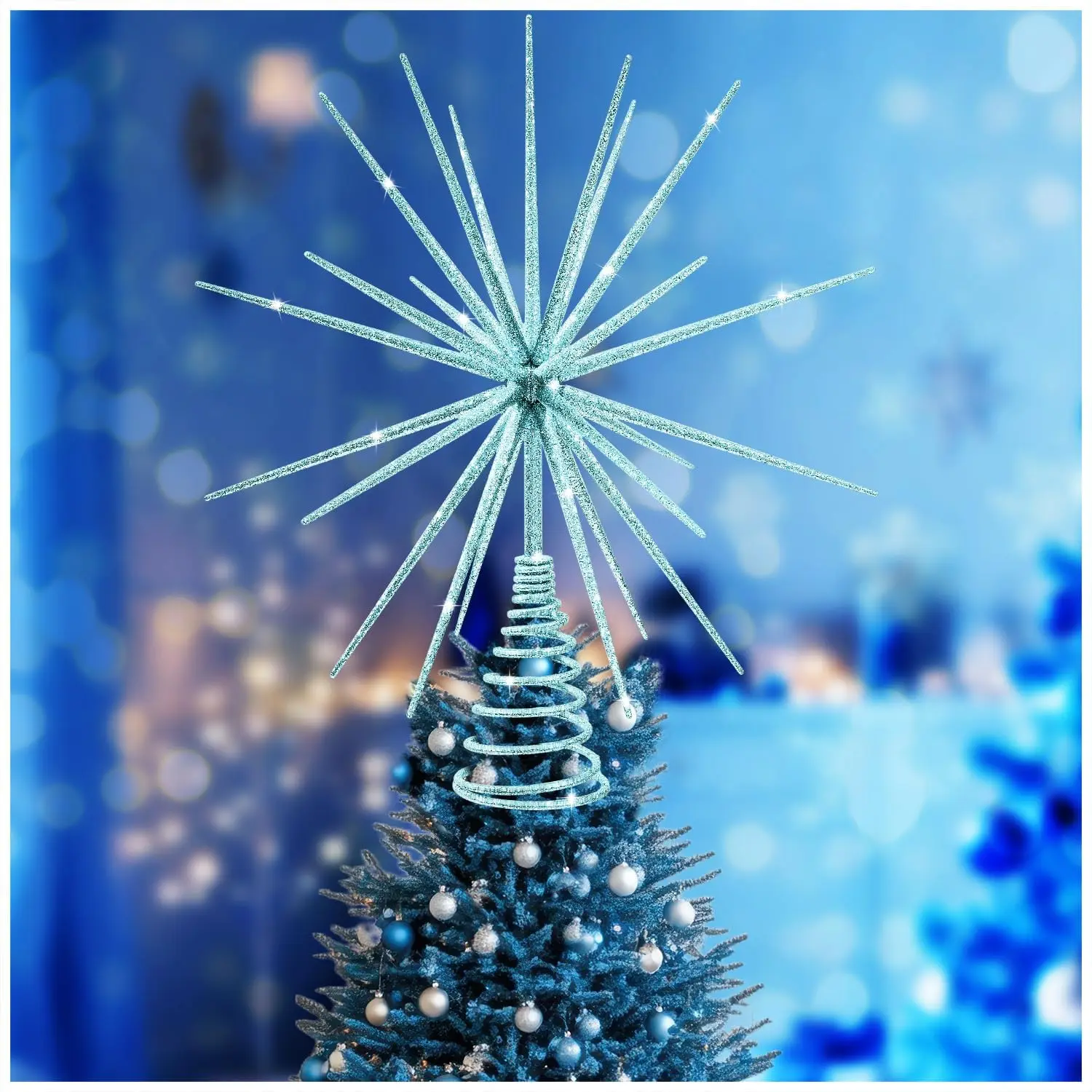 13.7 Inch Blue Christmas Tree Topper -  Burst Blue Tree Topper, Exploding  Christmas Tree  Year Holiday Tree Decoration