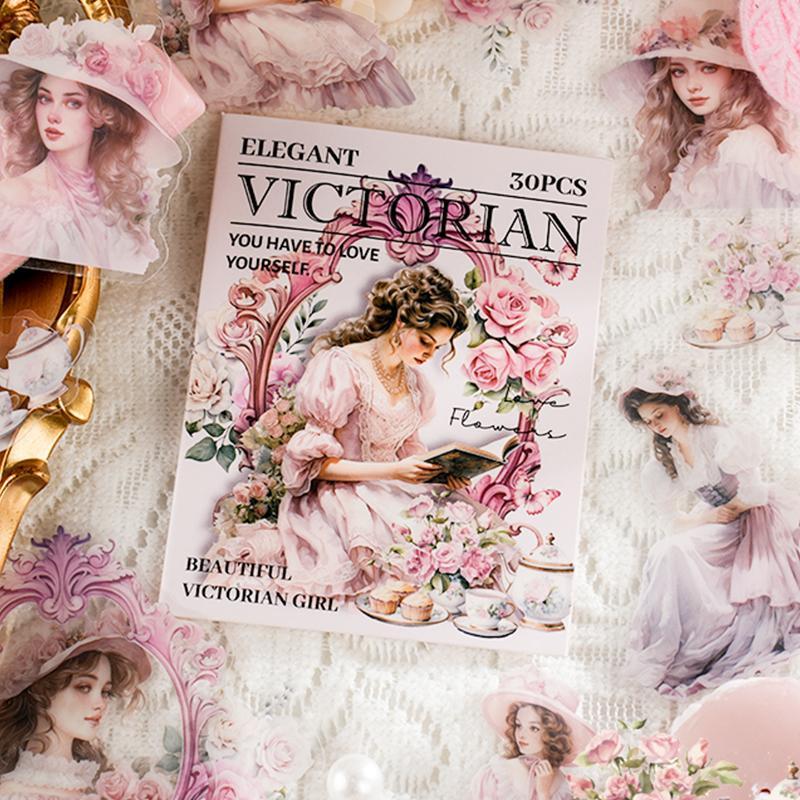 Vintage Girl Pattern Stickers, 30 Sheets/Pack PET Waterproof Self Adhesive Material Sticker, Scrapbook Decorative Stickers