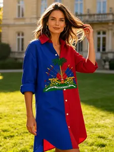 Summer New Haiti Flag Color Embroidered Shirt Dress, Loose Fit Lazy Style Collar Dress, Unique Vacation Commute Midi Skirt, Casual Wear