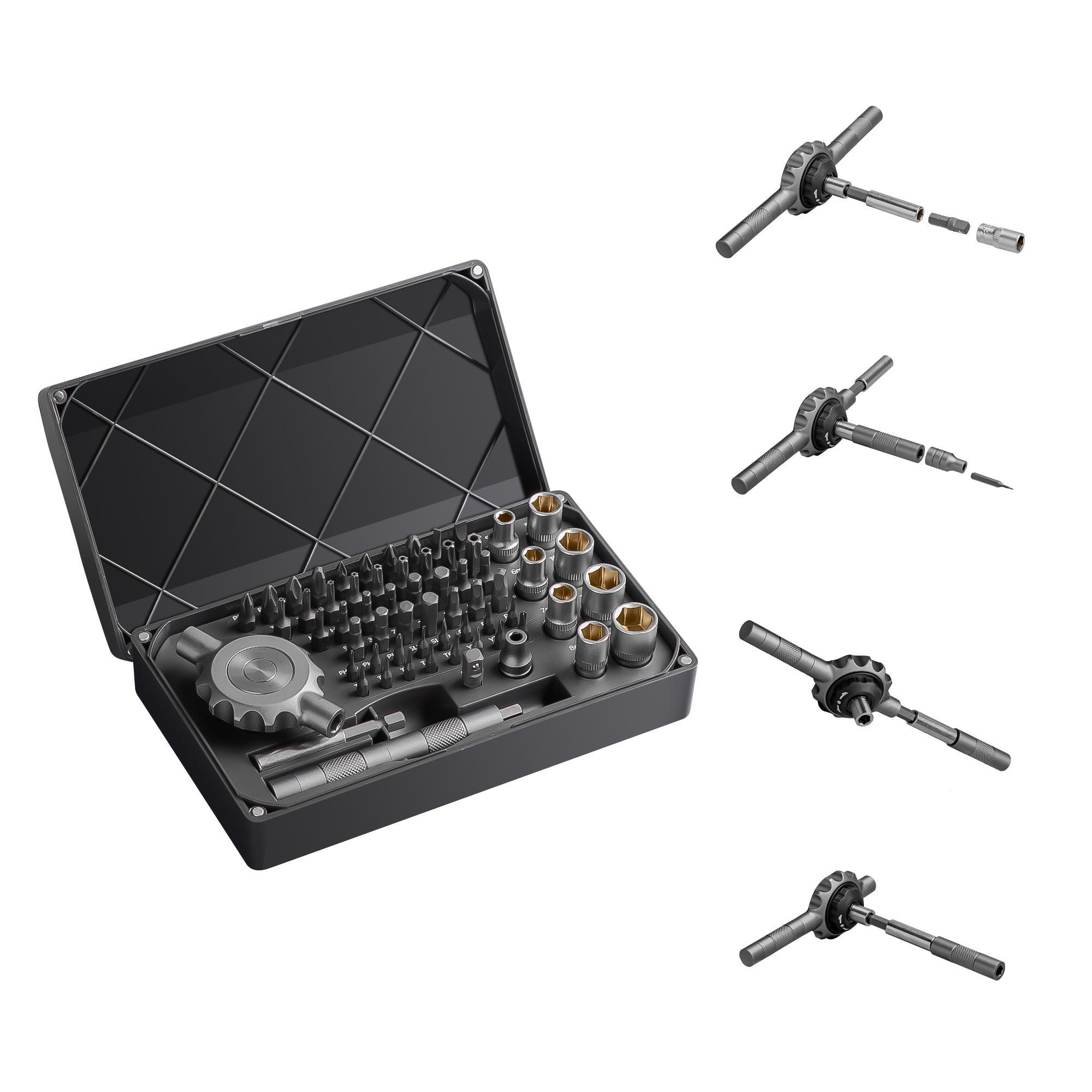 Precision Multipurpose Switchable Screwdriver Set with Large Socket & Precision Bits, 64-In-1 Gearless Ratchet Drill Bit Kit, Flat Handle for High Torque