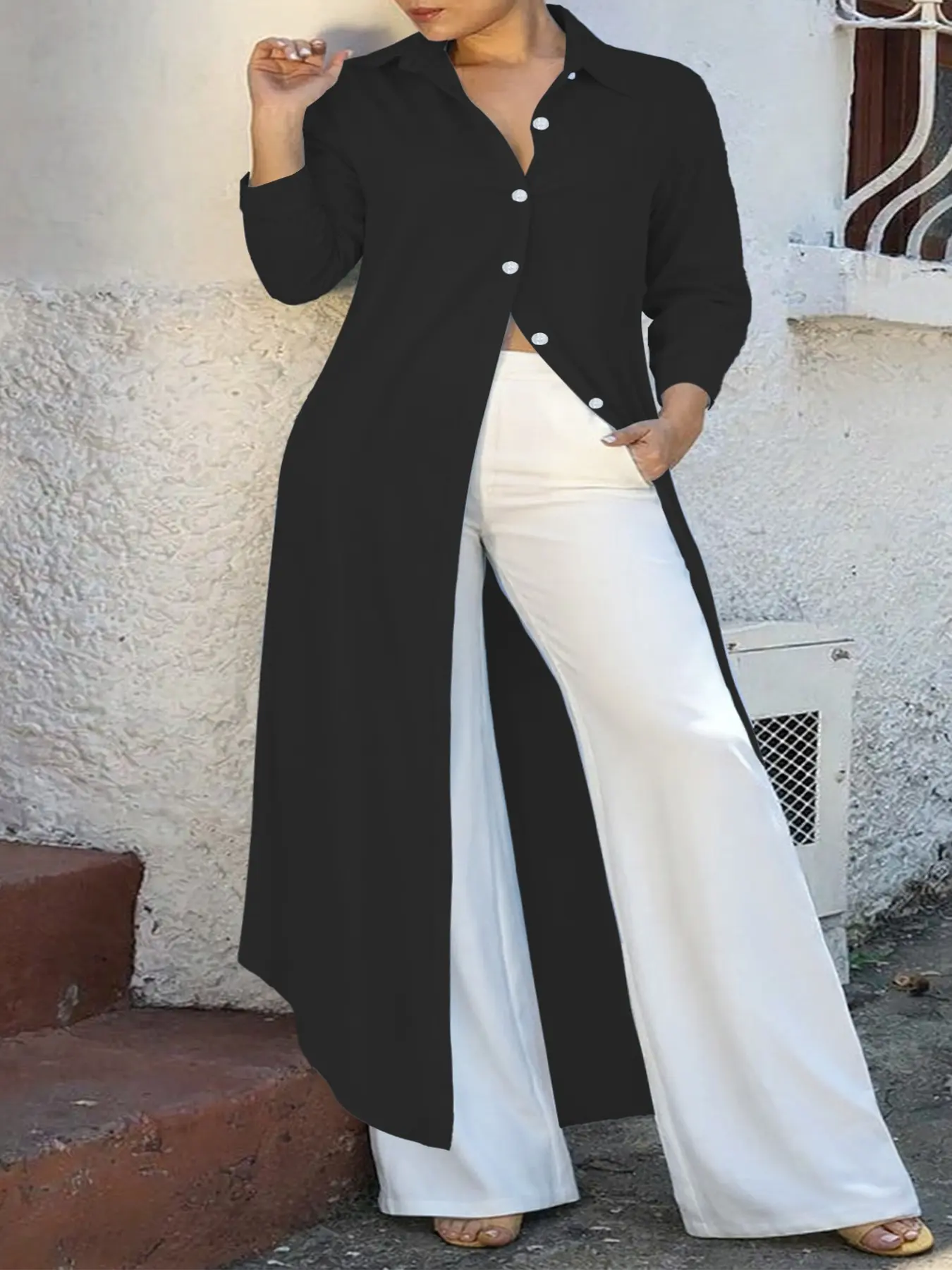 New Arrival. Plus-size women's all-season casual fashion clothing long shirt dress with front button design, A-line skirt and non-stretchy fabric