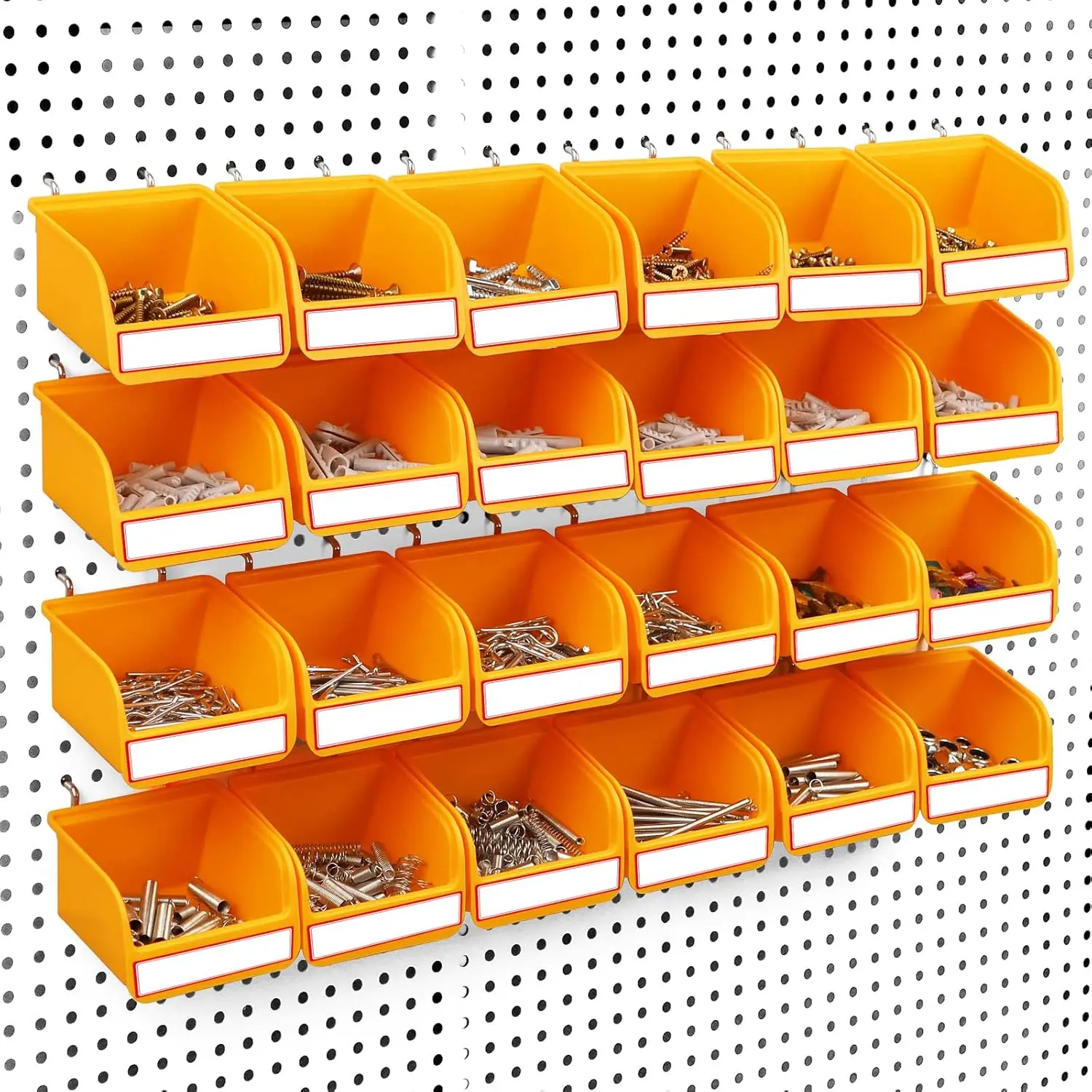 24-Piece Rectangle Robust Plastic Pegboard Bins Organizer Tool Set for Kids - 3.6"x3.5"x2" Wall-Mountable Trays, Wall-Mounted Hooks, Compartmentalized Storing, 24 Labels, Universal Standard Pegboard Fit