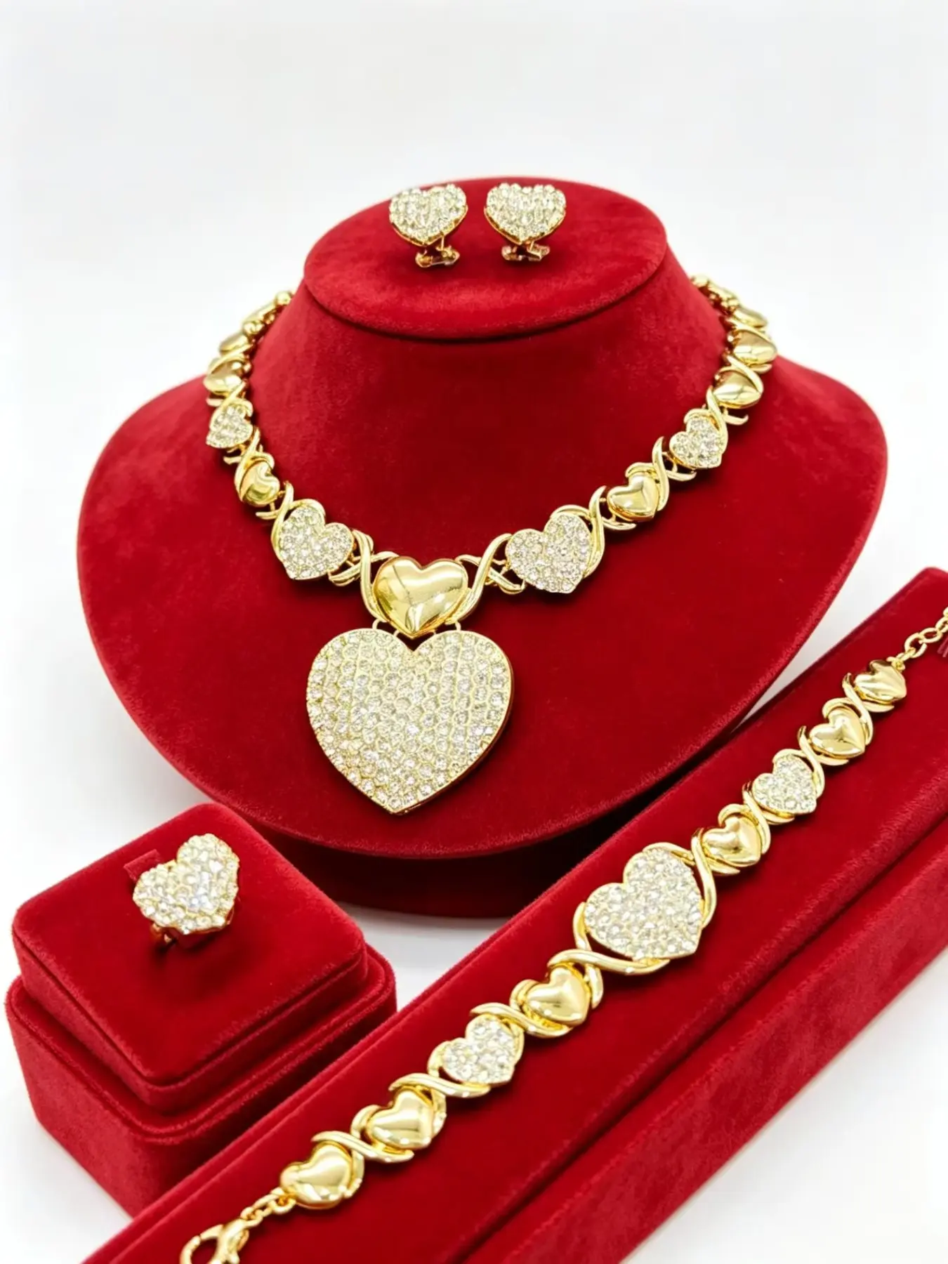 Fashion Women's Xo Heart Rhinestone Jewelry Set, Necklace Earrings Bracelet Ring, Wedding Jewelry Sets For Brides, Wedding Party Gift