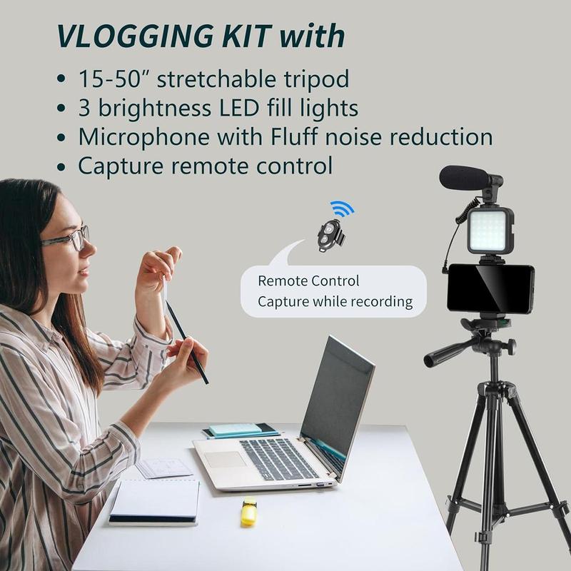 Video Blog Kit for YouTubers, 1 Set Telescopic Tripod & Microphone & Fill Light & Remote Control, Perfect Video Recording Accessories for iPhone & Android & Camera, Video Recording Equipment, Vlogging Kit