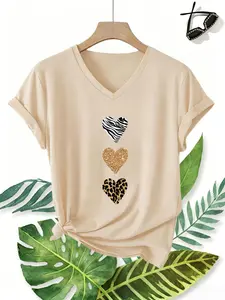 Women's V Neck T-Shirt, Heart Print, Spring Summer, Casual Short Sleeve Top, Fashionable Women's Clothing, Daily Wear