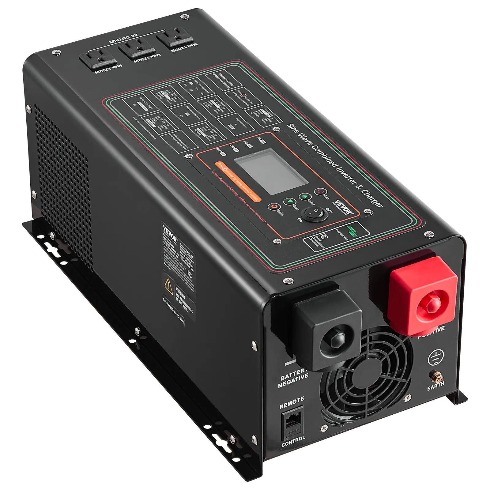 VEVOR Pure Sine Wave Inverter Charger, 3000 Watt, DC 24V to AC 120V Power Inverter with LCD Display, Remote Control, Solar Inverter for Off-Grid Solar RV Boat Home, Compatible with Various Batteries