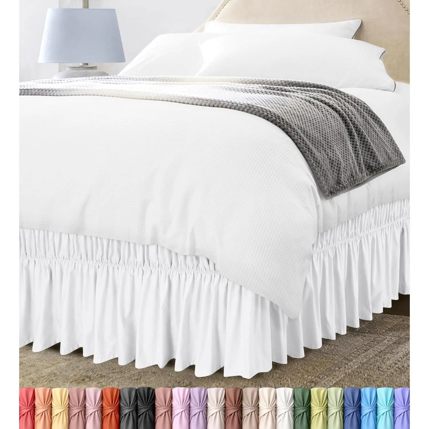 Wrap Around Ruffle Queen Size Bed Skirt – & Elastic Belt for Easy Installation, 16 Inch Drop – Brushed Microfiber - Machine Washable, Fade and Wrinkle Resistant, White