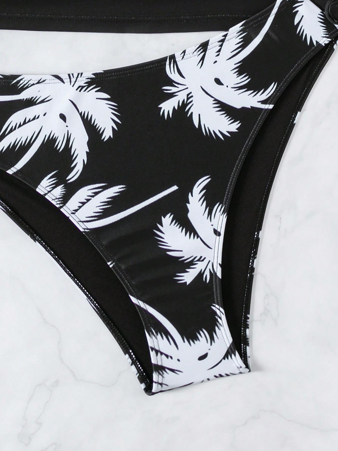 Two-Piece Set Summer Women's Coconut Tree & Letter Print Tankini Swimsuits, Summer Tummy Control Swimwear 2024, Casual Drawstring Ruched Tie Side Swim Top & Drop Waist Swim Panty, Swimsuit for Women, Bathing Suits Women, Leaf Print Tankini