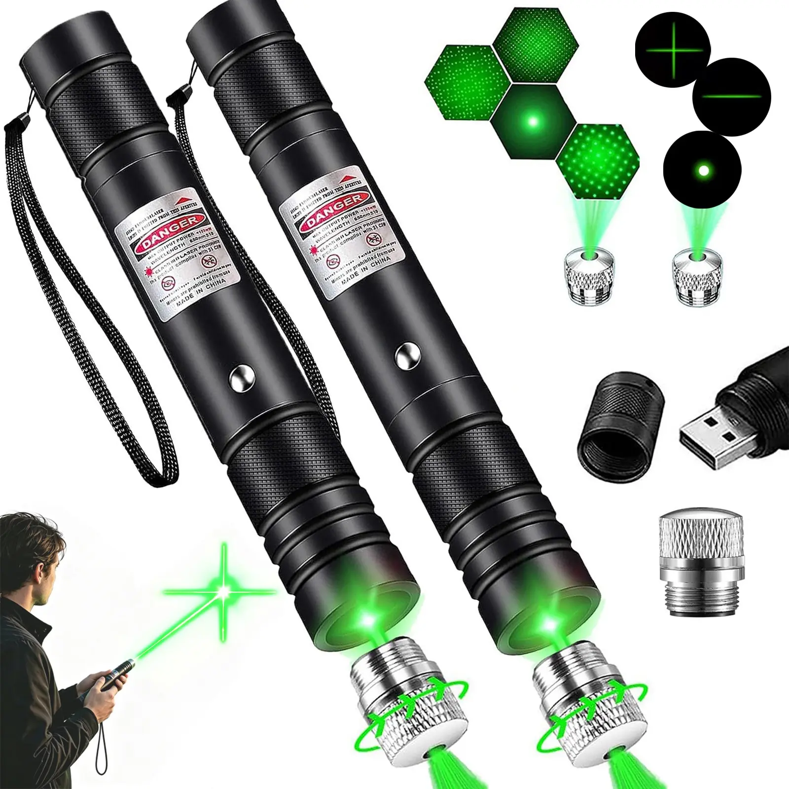 High Brightness USB Rechargeable Laser Pointer, Multiple Patterns, Interchangeable Heads, Outdoor, Astronomy, Teaching, Pet Play