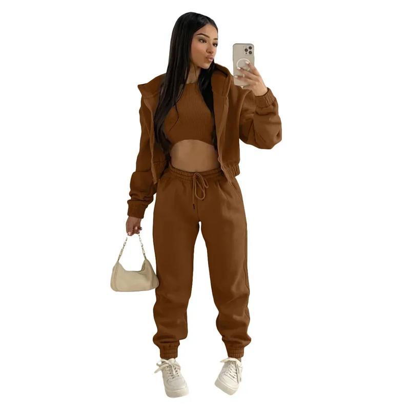 Women's Clothing Set Fleece-lined Hooded Sweater &Sleeveless Tank Top & Sports Sweatpants Pants Can be used with raincoat