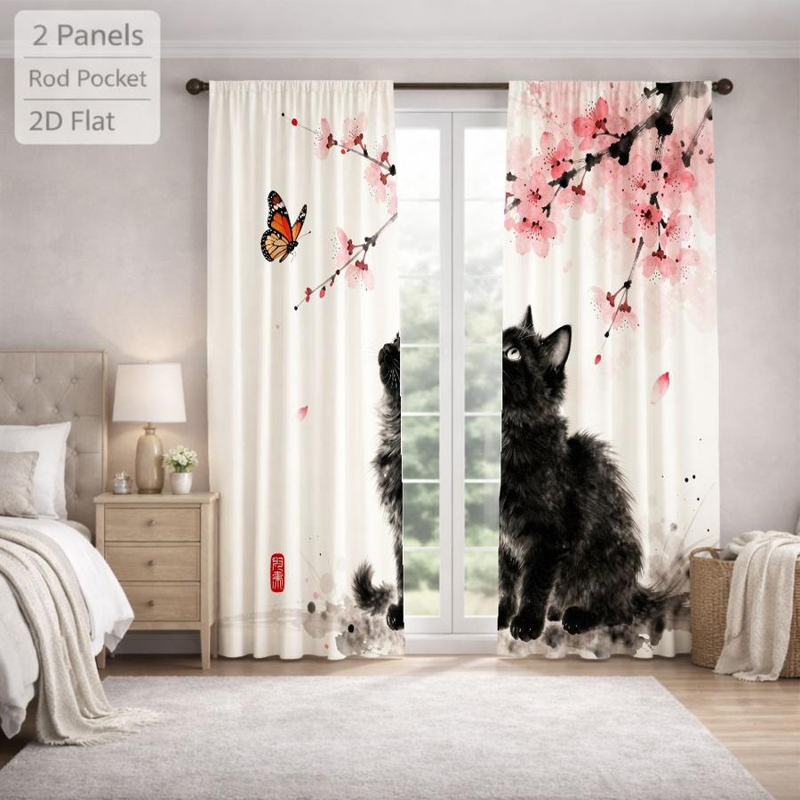 2Pcs Japanese Style Ink Painting Cat Butterfly Sakura Pattern Curtains Digital Printed Rod Pocket, Window Treatment For Bedroom Office Kitchen Living Room Study Home Decor