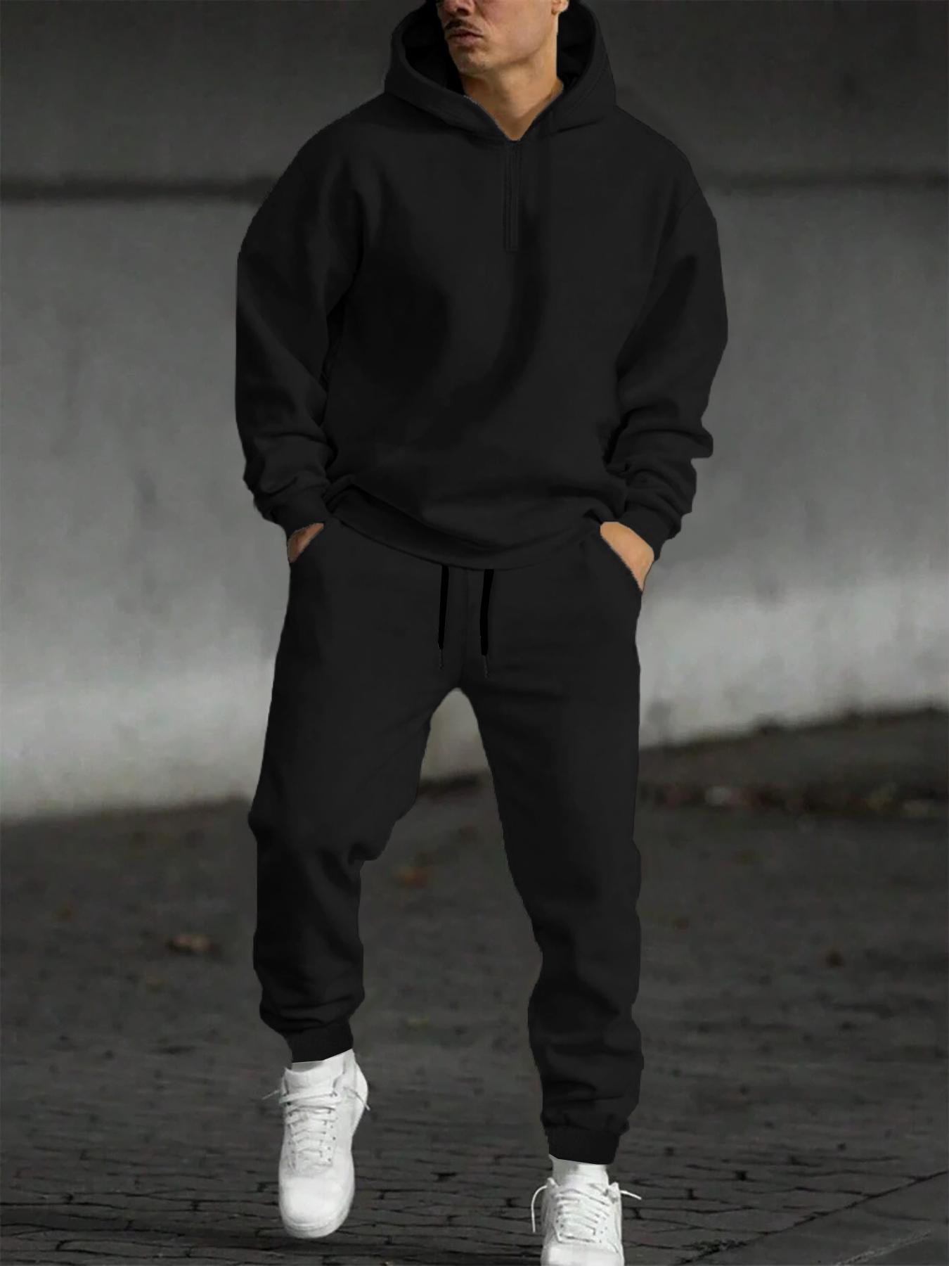 Men's Letter Print Half Zip Up Hooded Sweatshirt & Drawstring Waist Sweatpants Two-piece Set, Regular Fit Casual Drop Shoulder Long Sleeve Hoodie & Pocket Jogger Pants, Men's Two Piece Outfits for Daily Workout Running, Streetwear Tracksuit Set