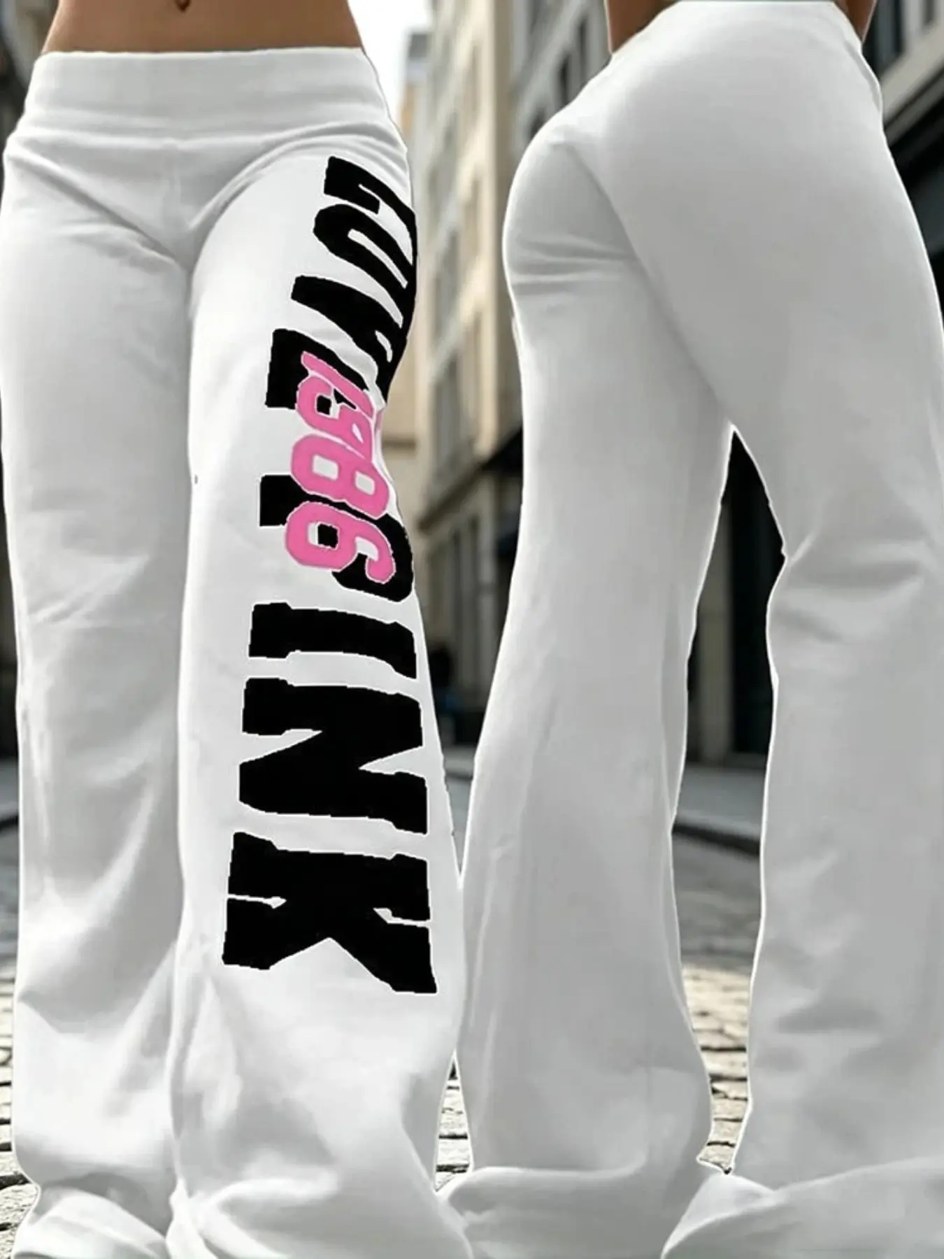 Y2K Letter Print Flare Sweatpants For Women, Low Rise Fold‑Over Waist Bootcut Jogger Pants, Soft Stretchy Lightweight Fabric, Vintage Streetwear Wide Leg Trousers, Trendy Casual Bottoms, Chic Daily Going‑Out Lounge Party Stylish Pants For Ladies