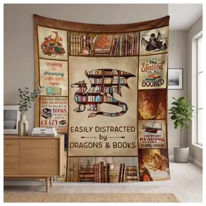 Dragon Book Lover's Flannel Throw - Library Themed Blanket Soft Funny Throw Blanket Cozy Lightweight Plush Portable Cover Blanket For Sofa,Warm Gift For Birthday,Christmas,Multiple Blanket  Cartoon Blanket Halloween and Christmas Gifts
