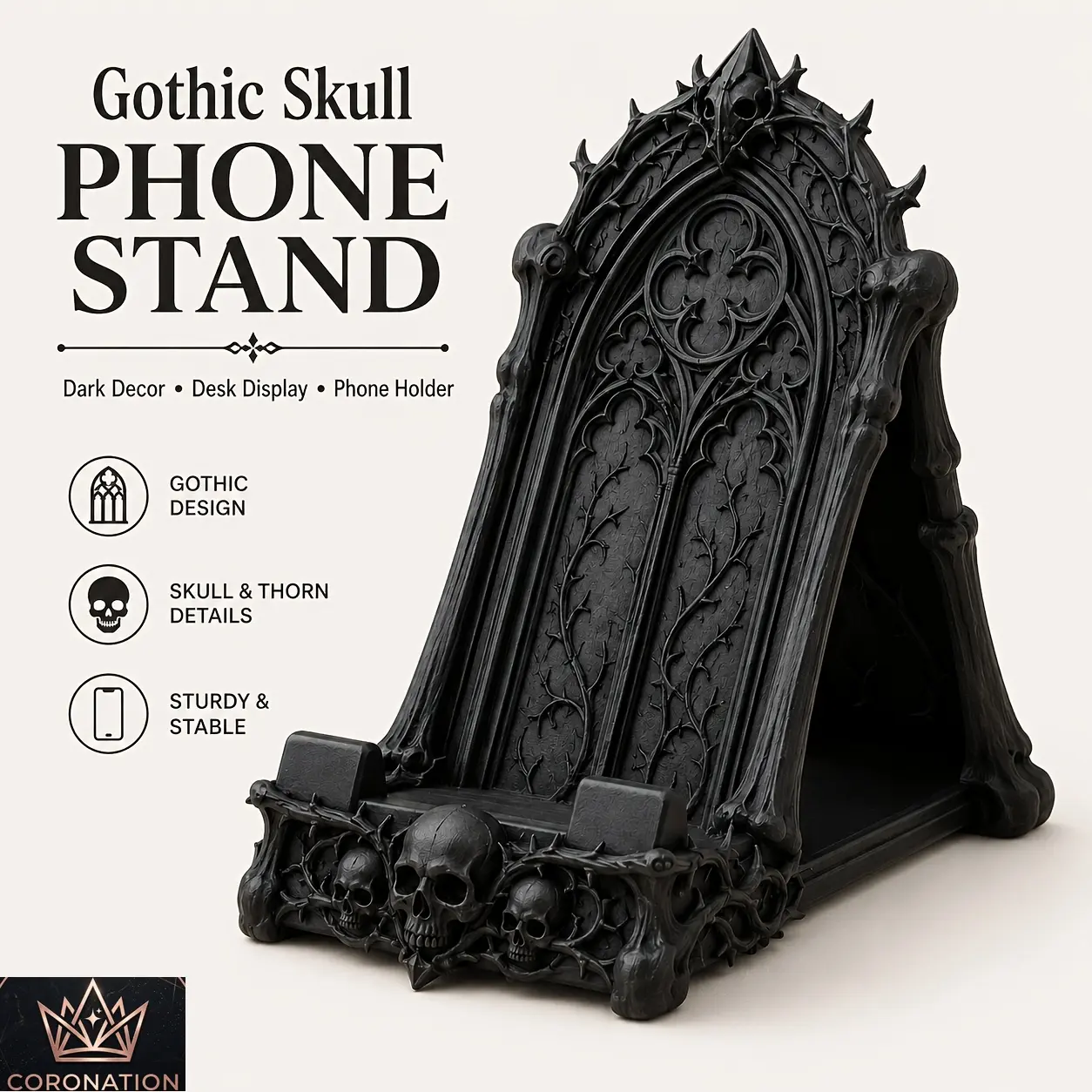 Gothic Skull Phone Holder Stand, Dark Aesthetic Desktop Phone Stand with Skull & Thorn Details, Unique Black Decorative Cell Phone Holder for Desk, Bedside Table, Gaming Setup, Home Office Decor, Gothic Style Gift for Dark Decor Lovers
