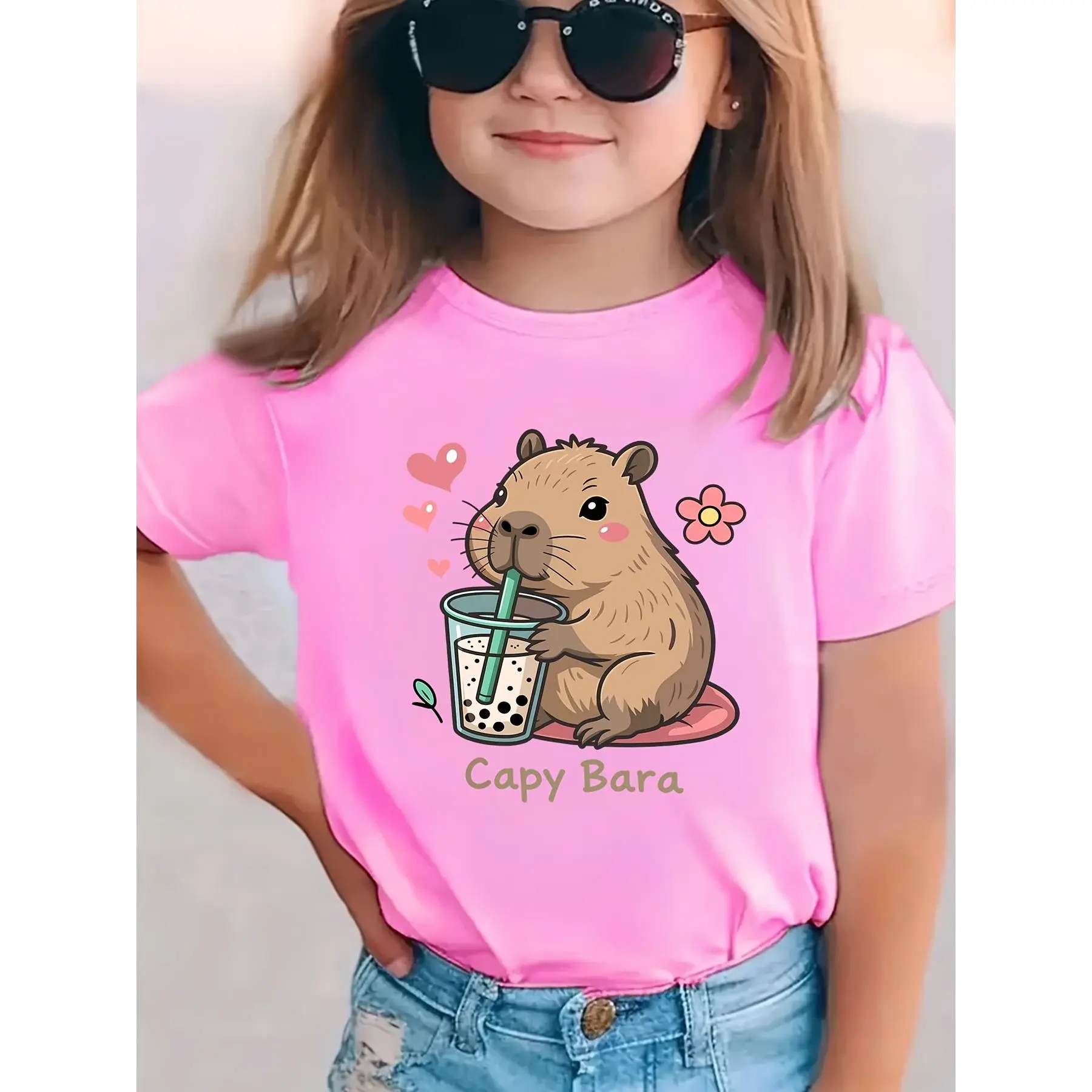 Summer Fashion Short-Sleeve T-Shirt for Girls Featuring a Capybara with Heart Flowers And a Milk Tea Theme, Casual And Versatile Top