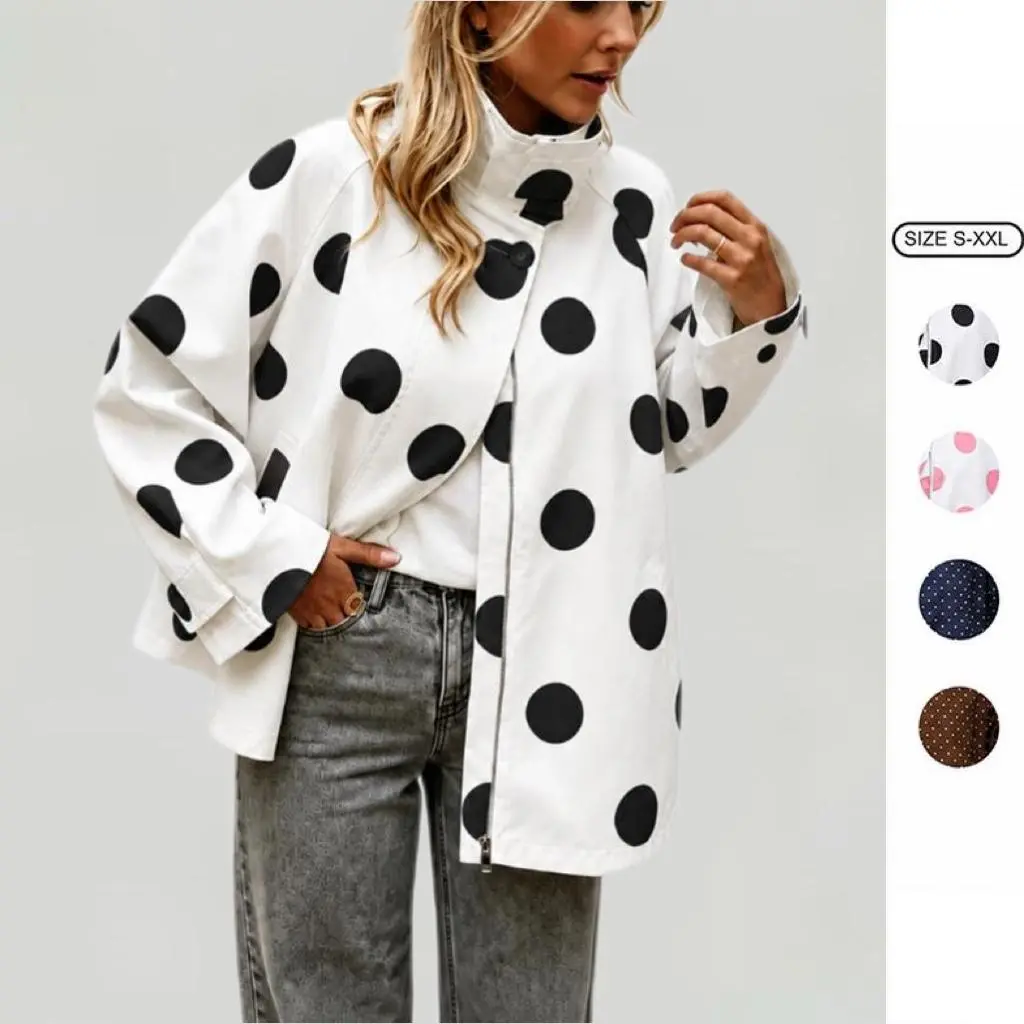 Imily Bela Women Polka Dot Stand Collar Loose Swing Jacket Long Sleeve Button Front Back Vent Casual Short Outer Coat With Side Pockets