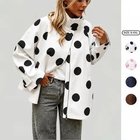 Imily Bela Women Polka Dot Stand Collar Loose Swing Jacket Long Sleeve Button Front Back Vent Casual Short Outer Coat With Side Pockets