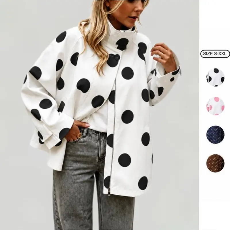 Imily Bela Women Polka Dot Stand Collar Loose Swing Jacket Long Sleeve Button Front Back Vent Casual Short Outer Coat With Side Pockets