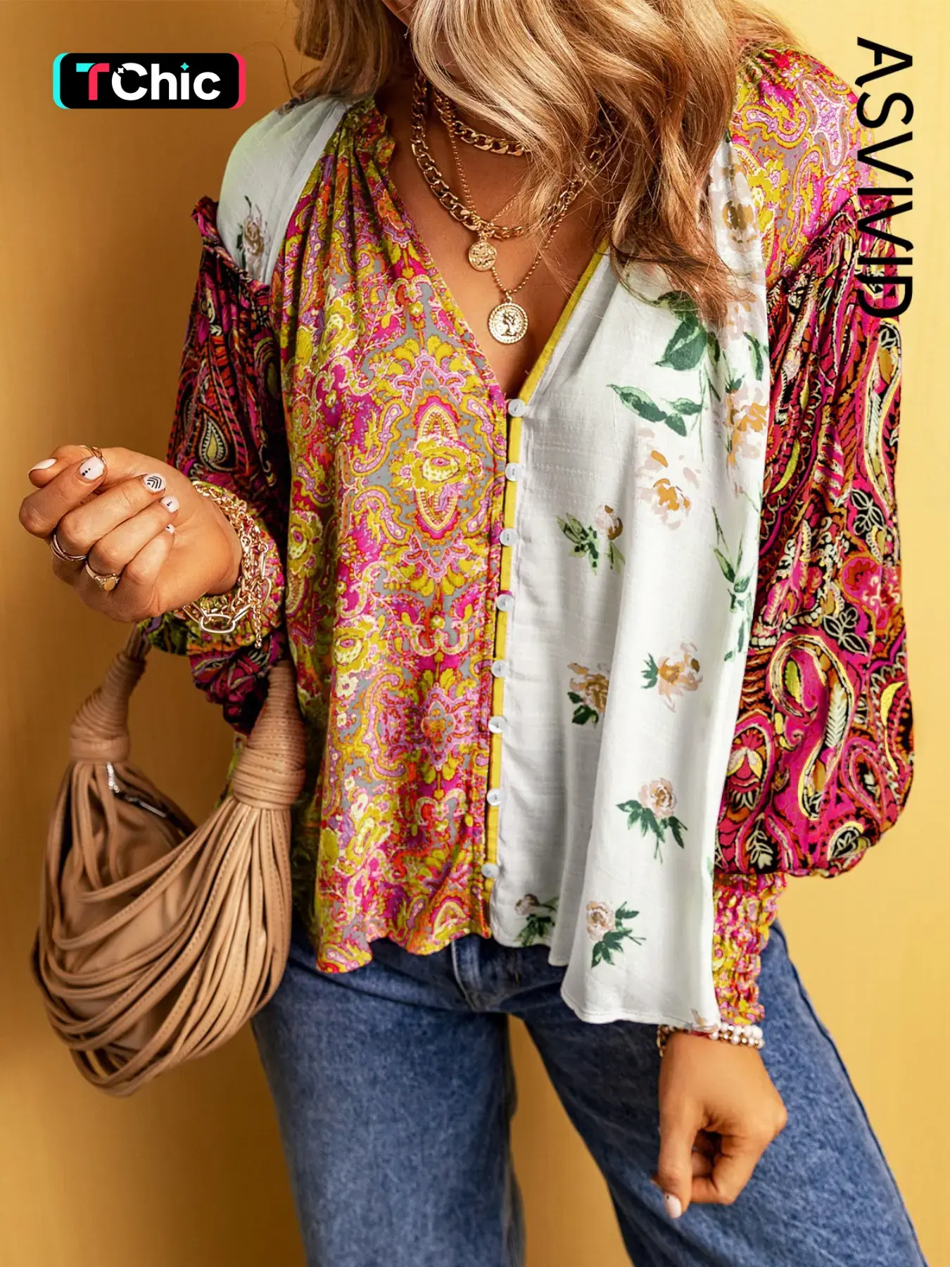 Women's Floral Print Frill Trim Shirred Notched Blouse Shirts, Chic Elegant Boho Bohemian Feminine Long Sleeve Bishop Sleeve Button Front Top for Spring & Fall, Women's Clothing for Daily Wear