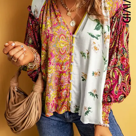 Women's Floral Print Frill Trim Shirred Notched Blouse Shirts, Chic Elegant Boho Blouses Feminine Long Sleeve Bishop Sleeve Button Front Top for Spring & Fall, Women's Clothing for Daily Wear