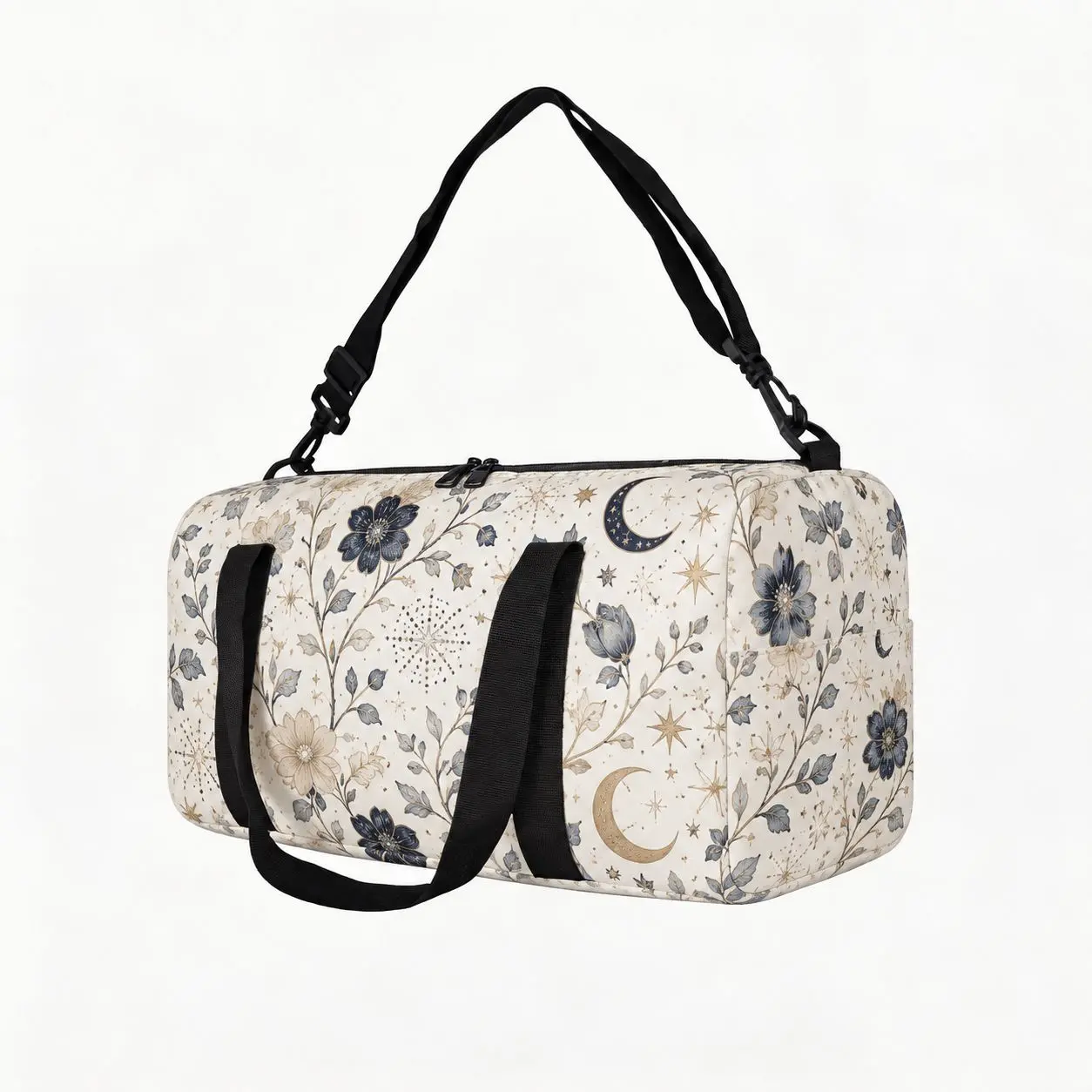 Ivory Floral Moon Weekender Bag for Men Women, Polyester Fabric with Dual Carry Handles, Adjustable Shoulder Strap, Top Zipper Closure, Dual Pulls, Soft Rounded Body, Side Pocket for Overnight Stays, Gym Sessions, Road Trips, Campus Use, City Commutes