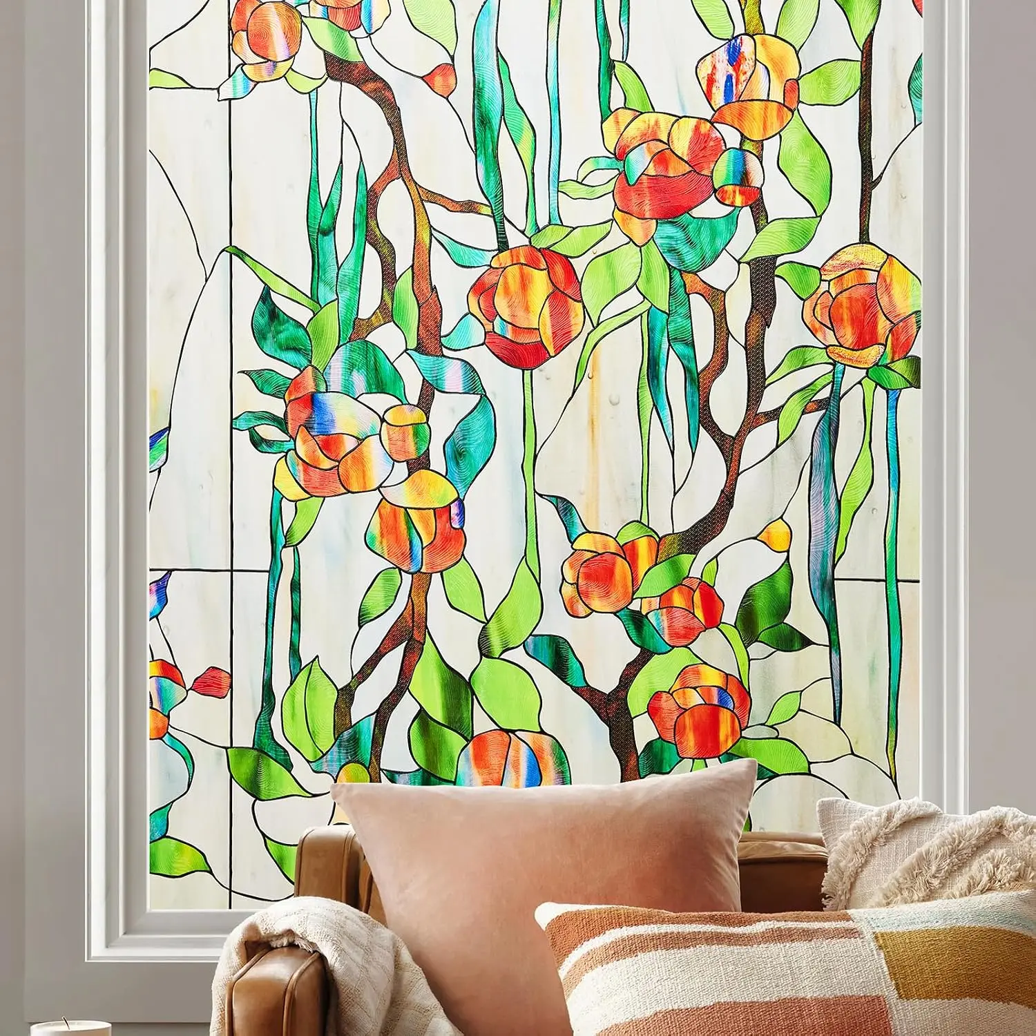 Window  Film Stained Glass Faux  Rose Decorative UV Sun Blocking Static Window Clings Non Adhesive Glass Stickers for  Bathroom (Printed, 16.9 x 39.4 inch)