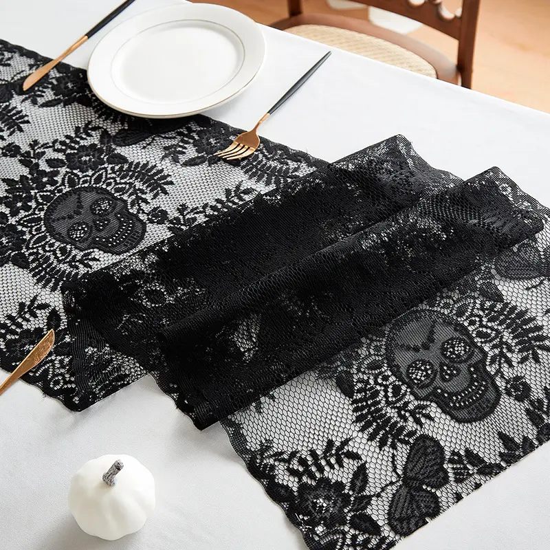 Halloween Skull Lace Table Runner, Vintage Black Skull Table Runner, Perfect for Holiday Parties, Dining Room & Home Decor, Table Centerpieces