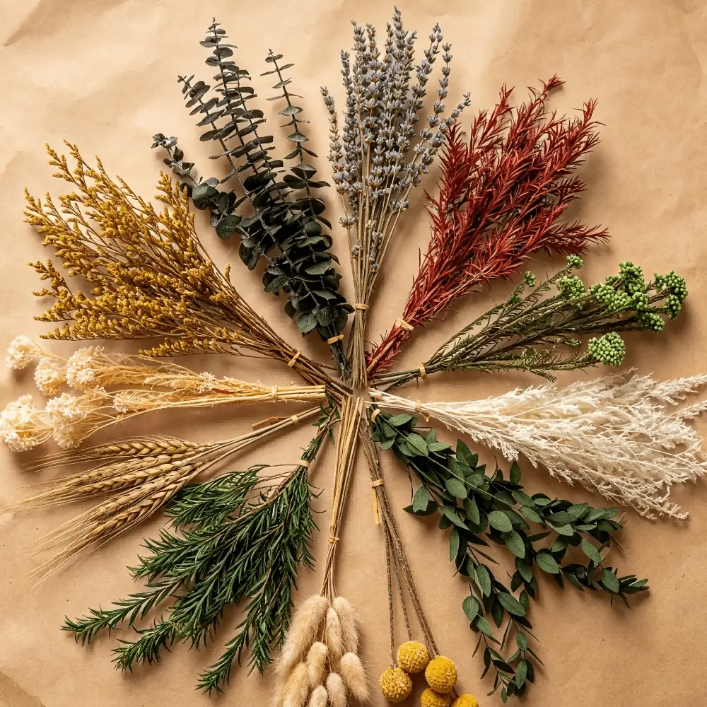 Bulk dried flower assortment (91 pieces) featuring premium natural blooms—including lavender, eucalyptus, wheat, and bunny tails—ideal for crafts, home or office décor, and decorations for birthdays, holidays, and bridal showers.