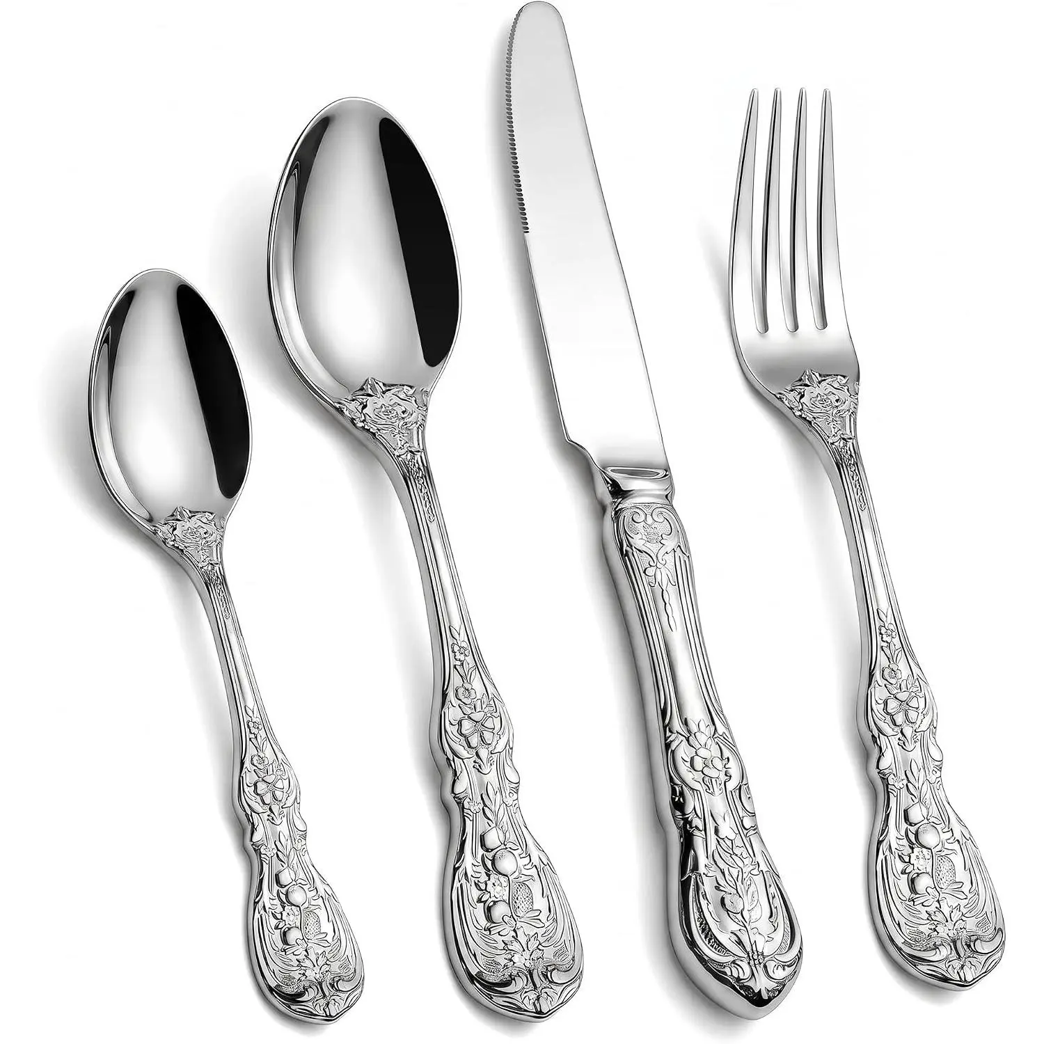Royal Silverware Set for 4, 18/10 Stainless Steel Flatware with Vintage French Floral Handles, Heavyweight Mirror Polished Cutlery, Dishwasher Safe for Weddings & Gift Giving