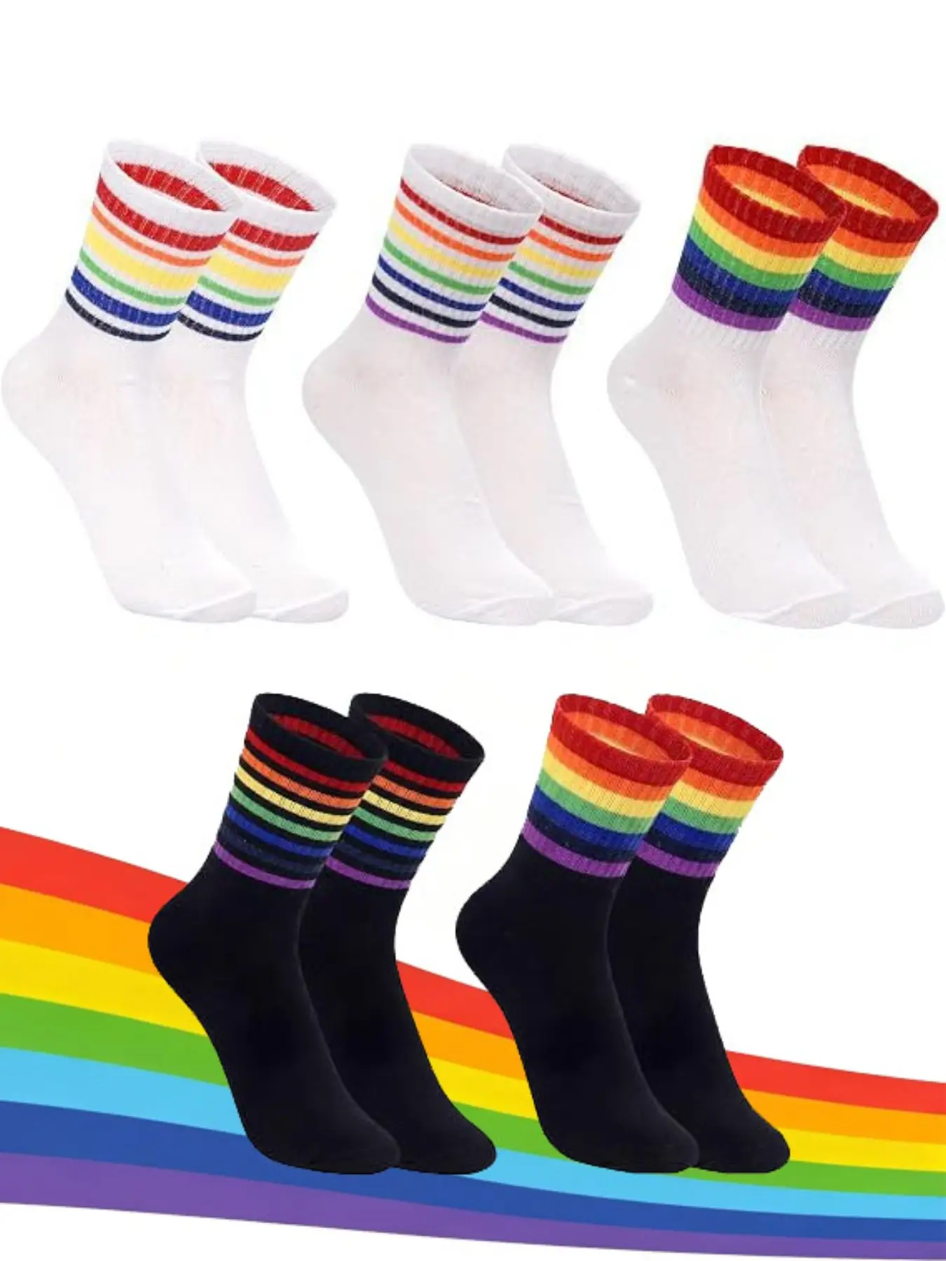 5 Pairs High-Quality Crew Socks, Rainbow Striped Comfortable Breathable, Fashion Accessory, Neutral Socks for All Seasons