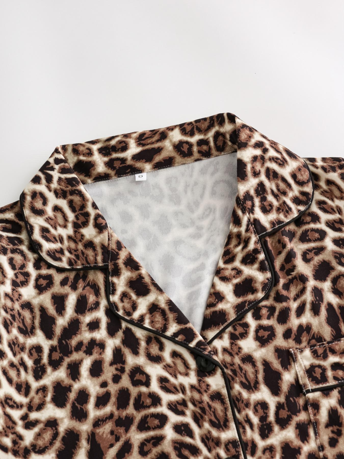 Women's Leopard Print Button Front Pocket Lapel Shirt & Elastic Waist Pants Pyjama Two-piece Set, Casual Comfy Pocket Long Sleeve Top & Trousers Pj Set, Women's Sleepwear for Spring & Fall, Loungewear Set Women, Leopard Print Pajamas
