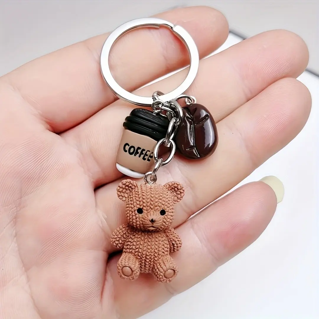 A Cute Bear Coffee Charm Keychain - Brown (Coffee Bean Color), Featuring a Metal Ring Closure - Perfect for Birthdays, Gifts for Coffee Lovers, Party Favors, Keychain For Bags And Notebook Decorations - Stylish Accessory for Women, Fun Design