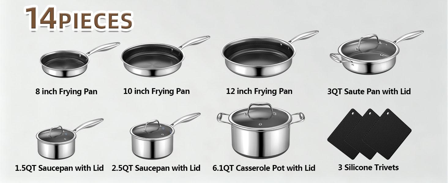 14-Piece Hybrid Stainless Steel Cookware Set, Non-Stick Pots and Pans Set with 3 Silicone Trivets| Induction Compatible Frying Pans, Saucepans, Saute Pan & Stock Pot| Oven Dishwasher Safe