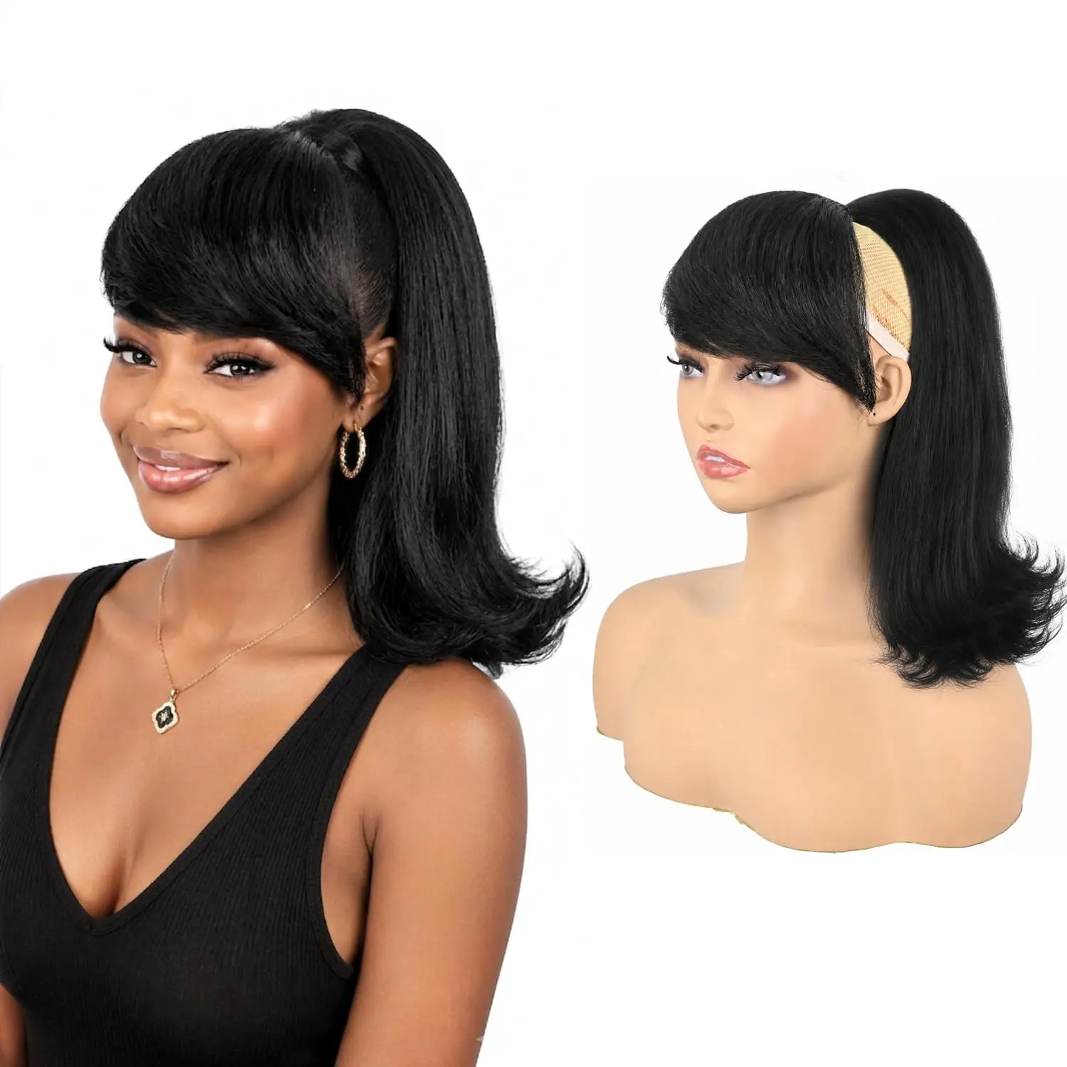 Drawstring Ponytail with Bangs, 14 Inch,  Black | Yaki Straight Flick, Clip in Side Bangs, Synthetic Hairpiece,  Flip Ends, For Black Women