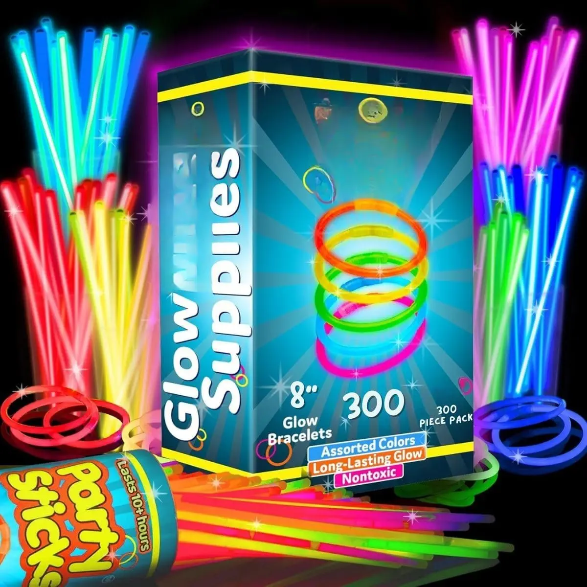Party Sticks Glow Sticks  Bulk Party Favors 300pk and Connectors - 8" Glow in the Dark Party Supplies, Neon Party Glow Necklaces and Glow Bracelets for  and Adults
