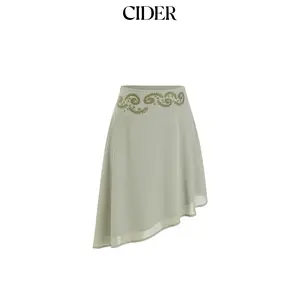 Cider Chiffon Low Rise Floral Embroidery Asymmetrical Midi Skirt