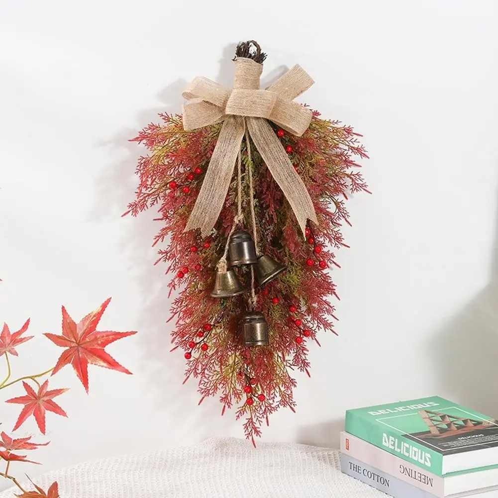 Double-Sided Flower Wreath with Bells, Berries, Burlap Bow, Cotton Cloth, Christmas Decor for Doors, Windows, Walls