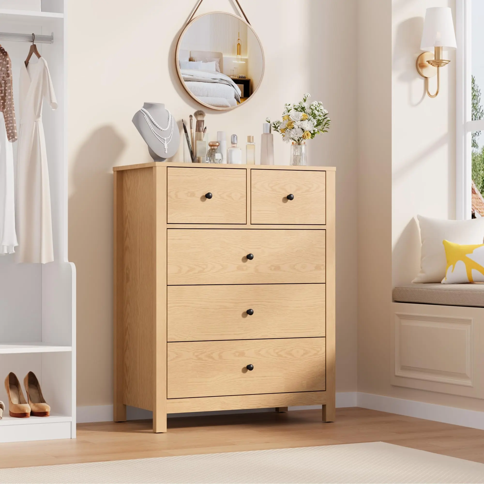 Garvee Tall 5 Drawer Dresser in Natural Oak or Black Finish, Featuring Deep Drawers with Metal Knobs. Modern Wood Grain Design Suitable for Bedroom, Entryway, or Hallway Storage Needs.