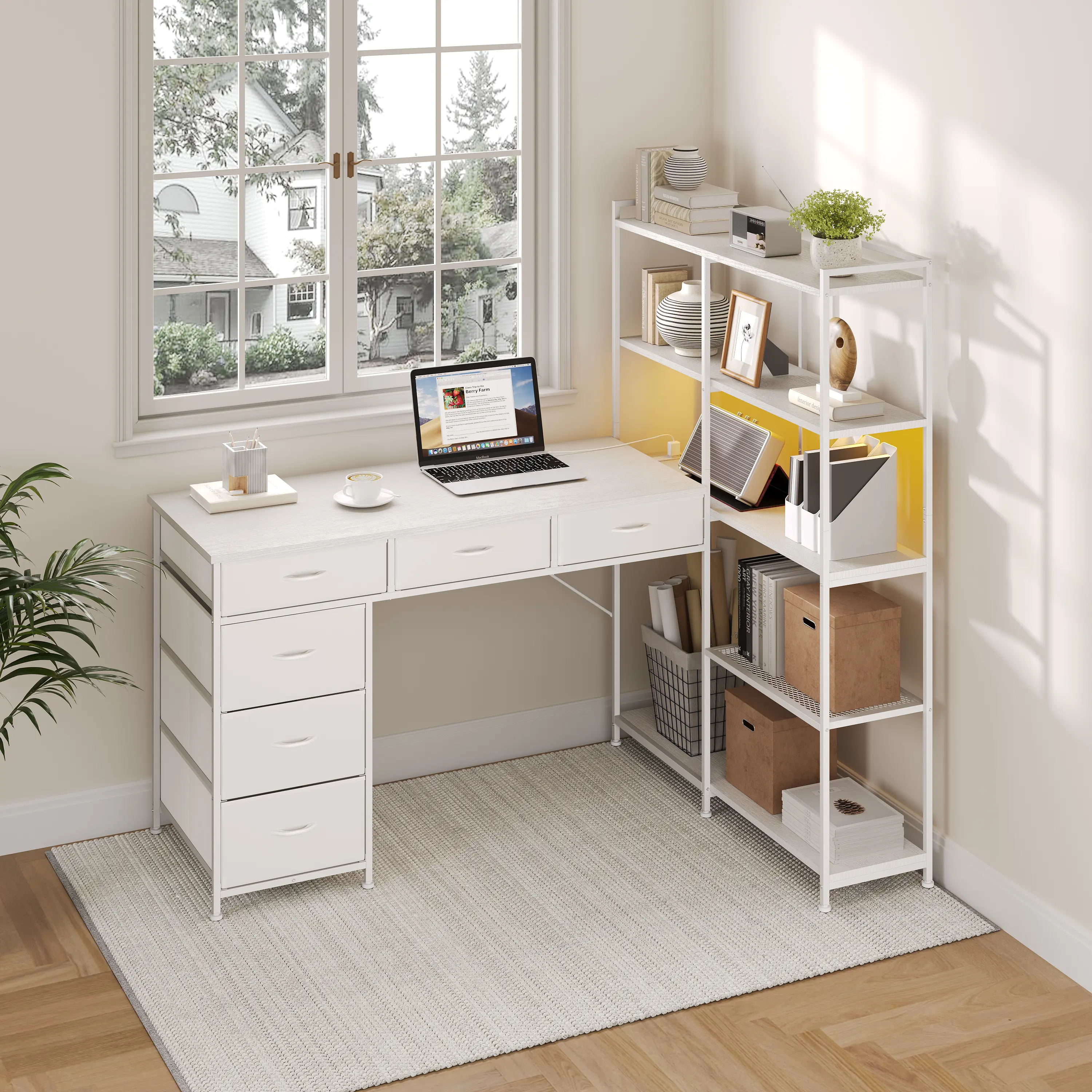 Multi-Function L-Shaped Gaming Desk – 6 Drawers, 5-Tier Open Storage Shelves, LED Corner Computer Workstation for Home Office, Study