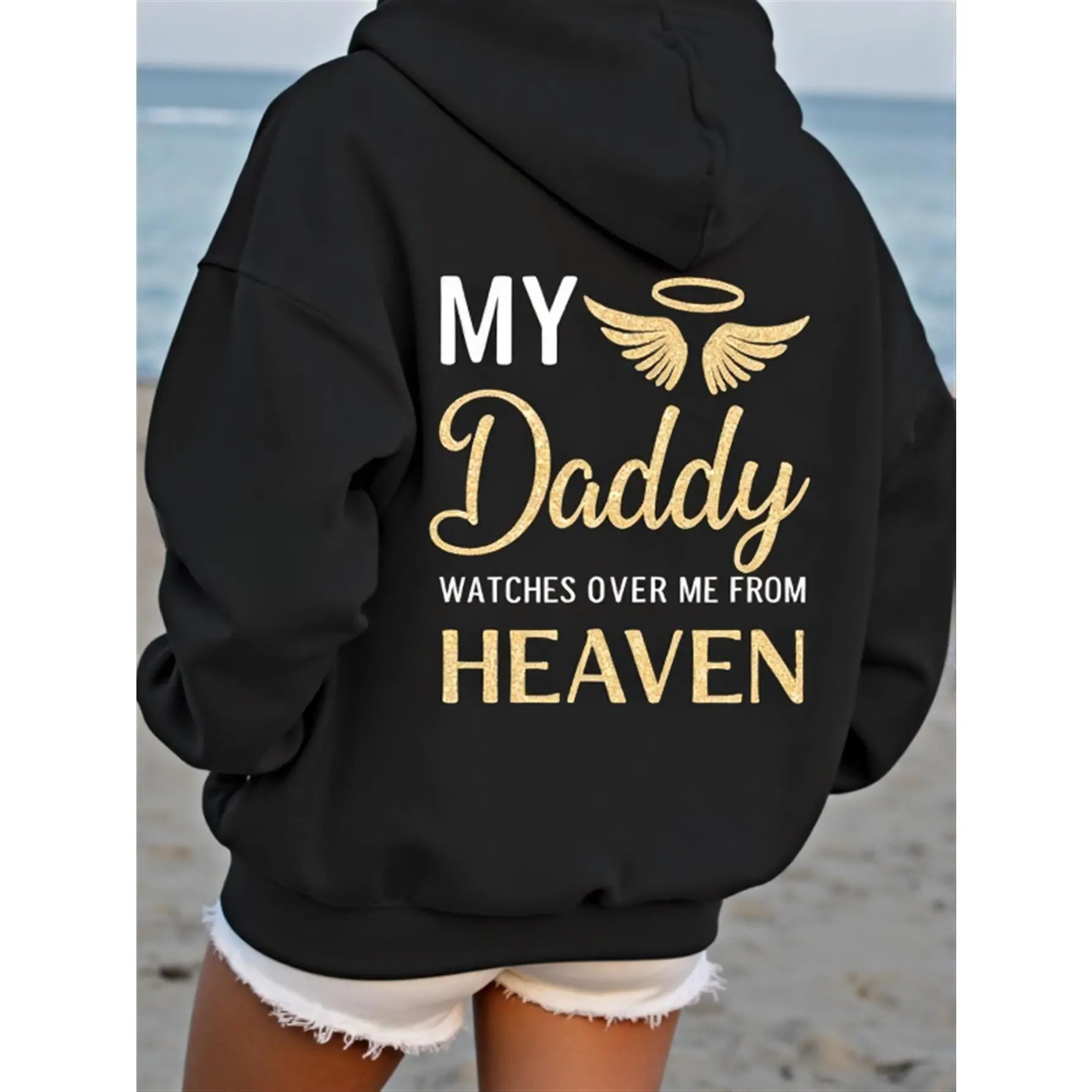 Women'S Casual Hooded Sweatshirt with a Round Neck, Featuring a Patterned Print, Machine Washable, And Designed for a Loose Fit,Back Gold Glitter Effect Angel Wing My Daddy Watches Over Me From Heaven Memorial Remembrance Graphic Hoodie