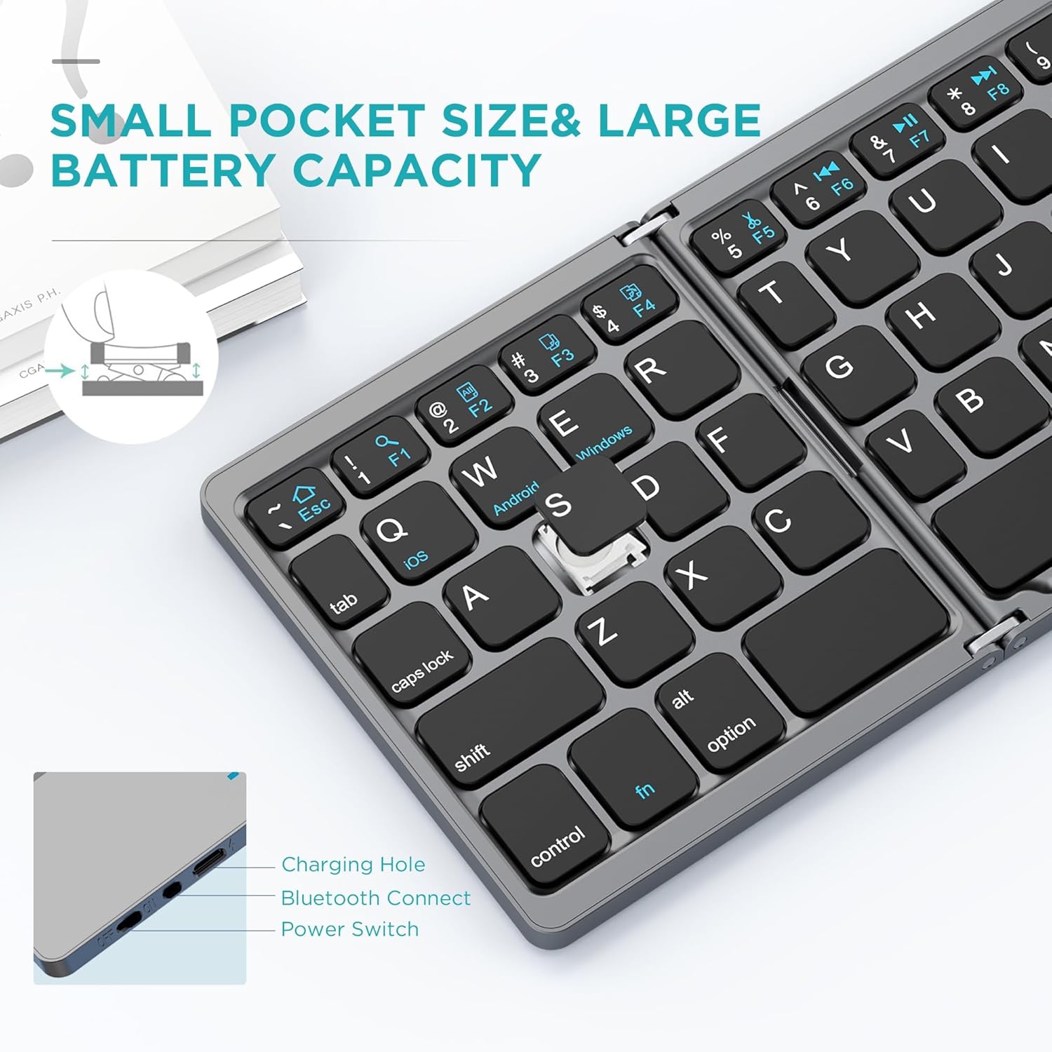 Foldable Wireless Keyboard, Rechargeable Portable Mini Folding Keyboard for iPad, Tablet, Phone, Windows, Android & iOS Devices, Compact Travel Keyboard