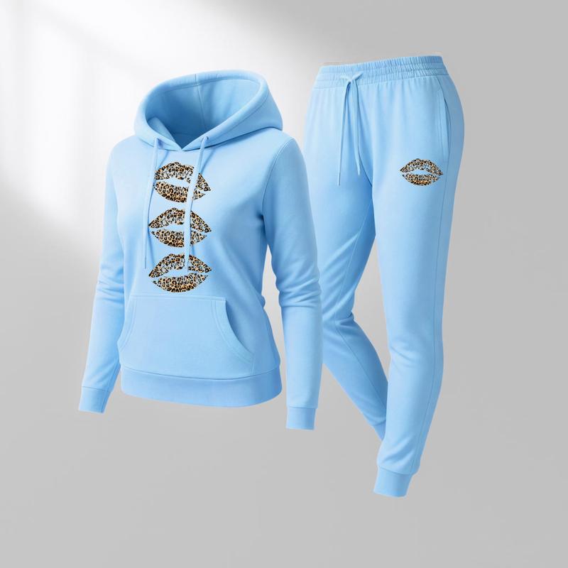 Women's Leopard Print Lips Print Hoodie And Drawstring Track Pants Set, Casual Sportswear, Long-Sleeved Hooded Jacket And Pants, Suitable For Autumn And Winter, Everyday Wear, Indoor And Outdoor Sportswear, Sportswear Set, Casual Sportswear