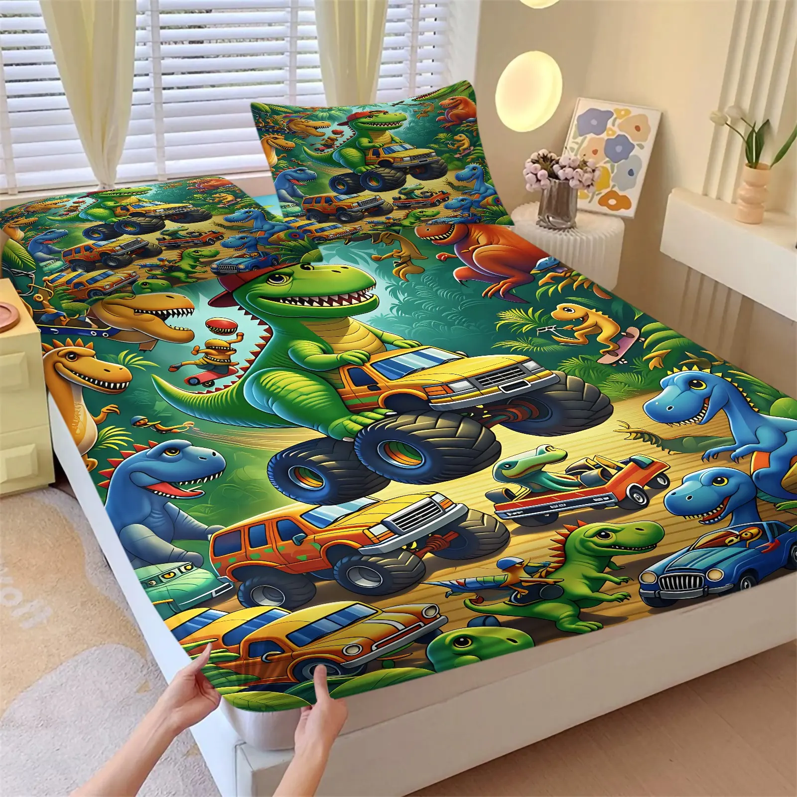 Colorful Jungle Dinosaur Monster Truck Fitted Sheet Set, Include 1 Bedskirt and 2 Pillowcases, Soft Skin Friendly Full Wrap Anti-Slip Mattress Cover,  Fun Prehistoric Beast Car Cartoon Pattern Bedroom Bedspread, Washable Elastic Bedcap for Themed Birthday