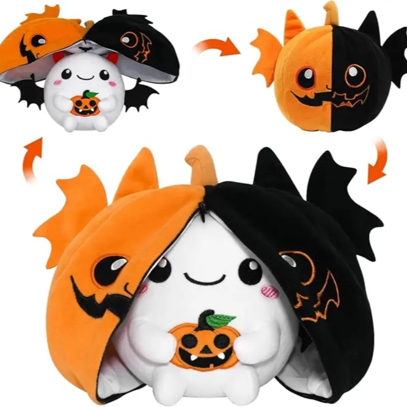 2-In-1 Reversible Halloween Pumpkin Bat Plush Toy, Flip Double Sided Ghost Stuffed Doll, Cute Spooky Soft Huggable Plushie Decor Gift for Kids