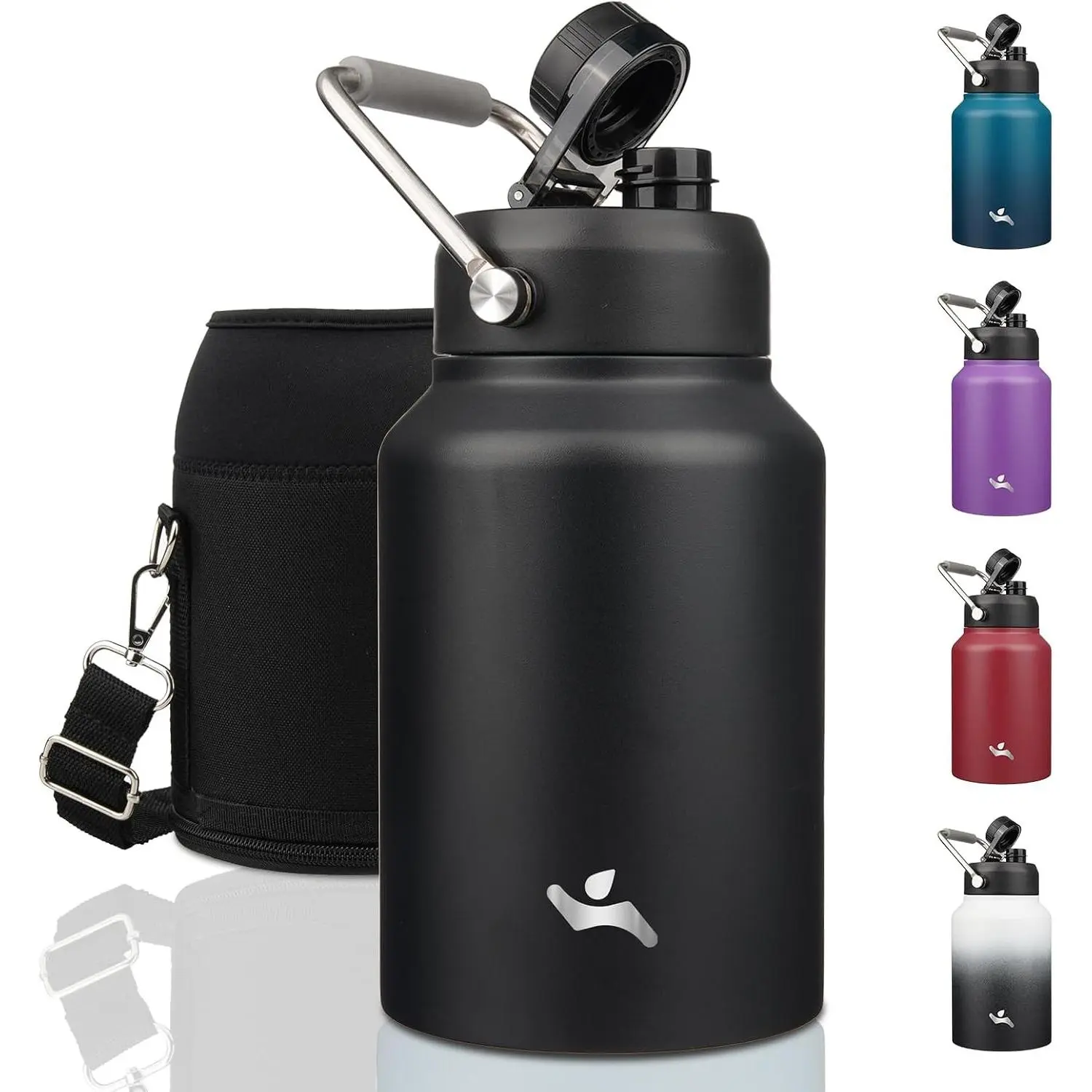 Half Gallon Insulated Water Bottle with Handle, 64 oz Double Wall Vacuum Stainless Steel Metal Jug with Carrying Pouch, BlackGift