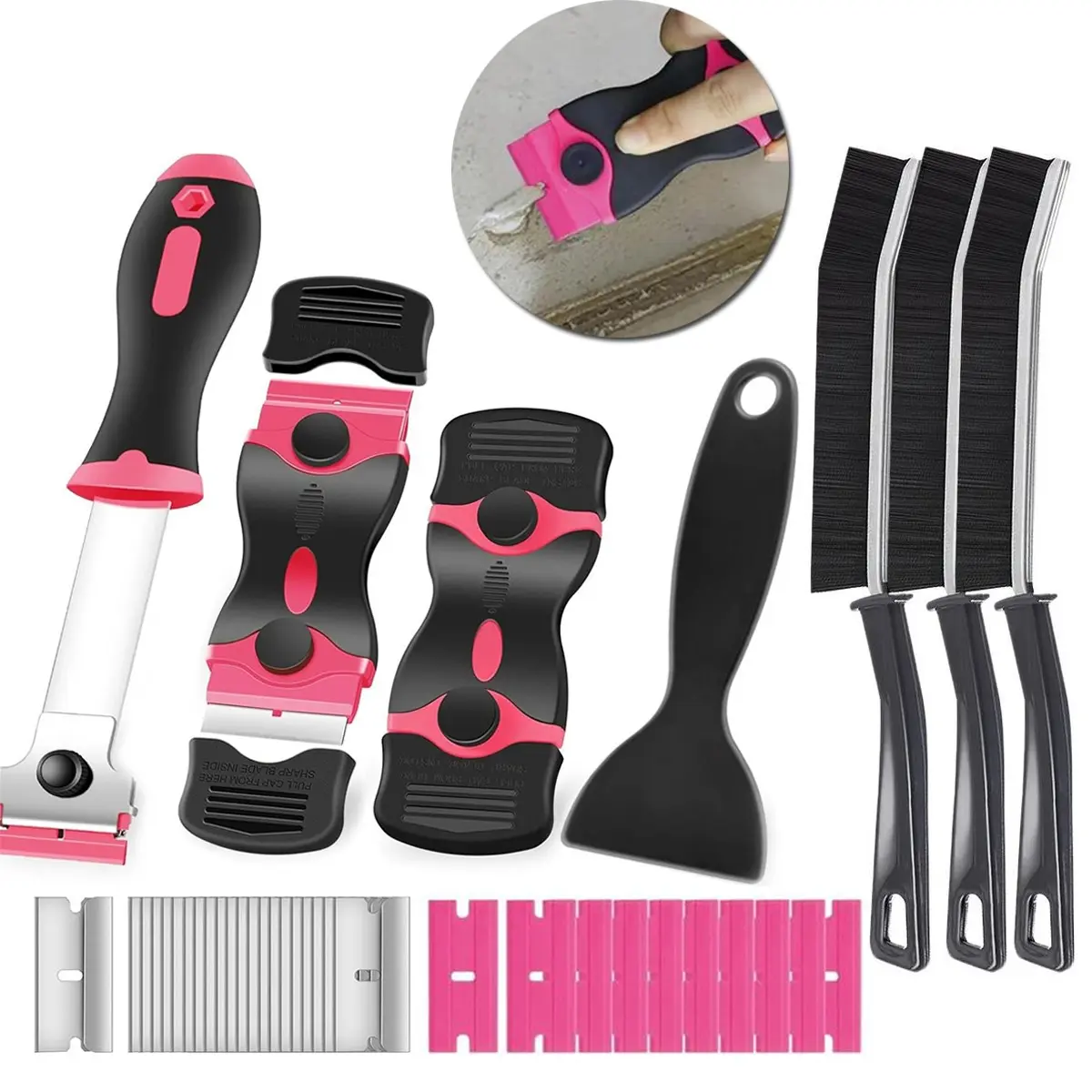 Pink Razor Blade Tough Scraper Tool & Hard Bristle Gap Cleaning Tool Set, Cleaning Razor Scraper for Glass, Multi-Purpose Tool for Kitchen，Washroom, Cooktop, Sticker Removal, Paint & Gum, 2-in-1 Scraper Tool Set for Removing Window Labels