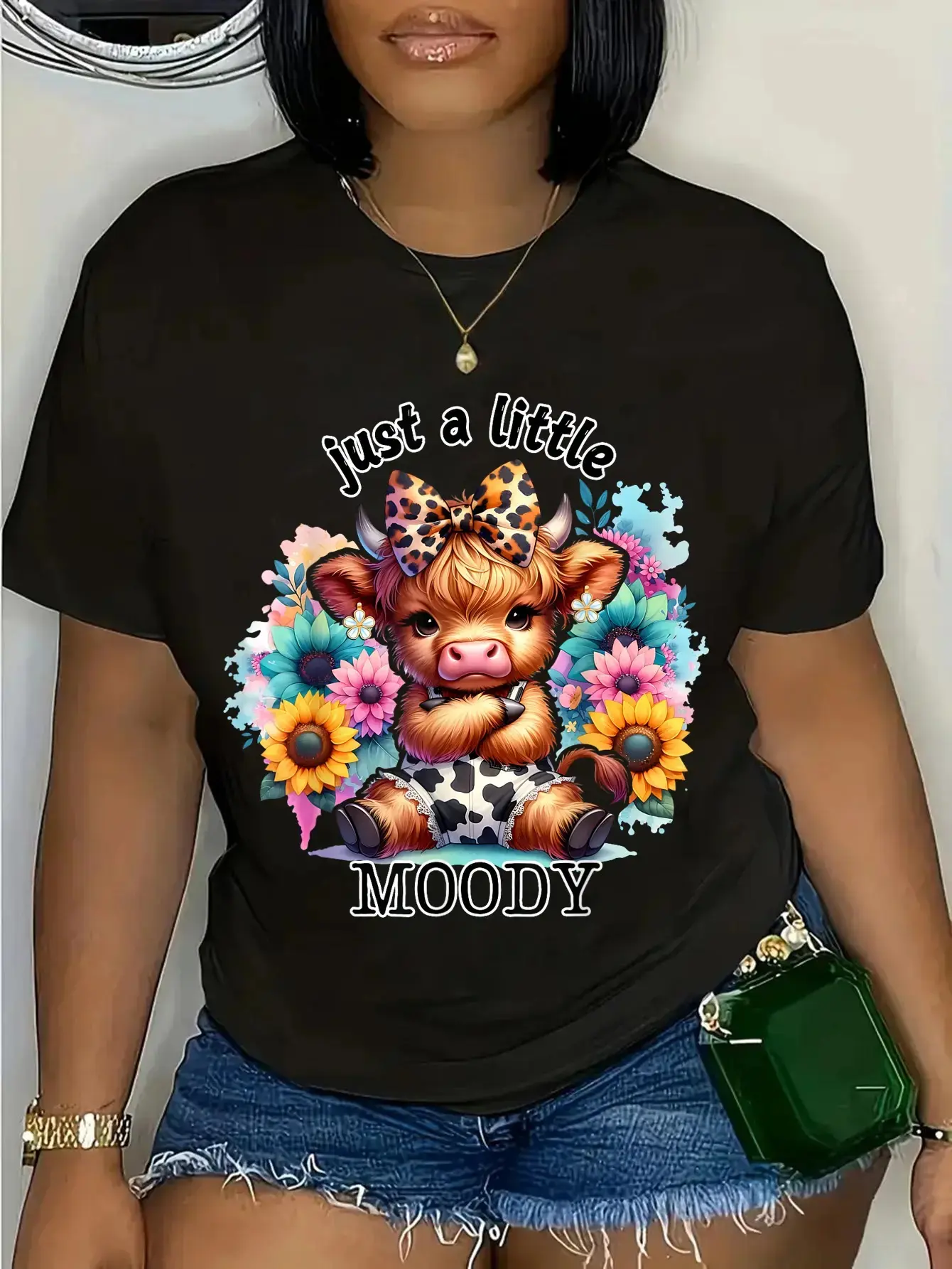 Just A Little Moody Cute Attitude Highland Cow Sunflowers T-Shirt