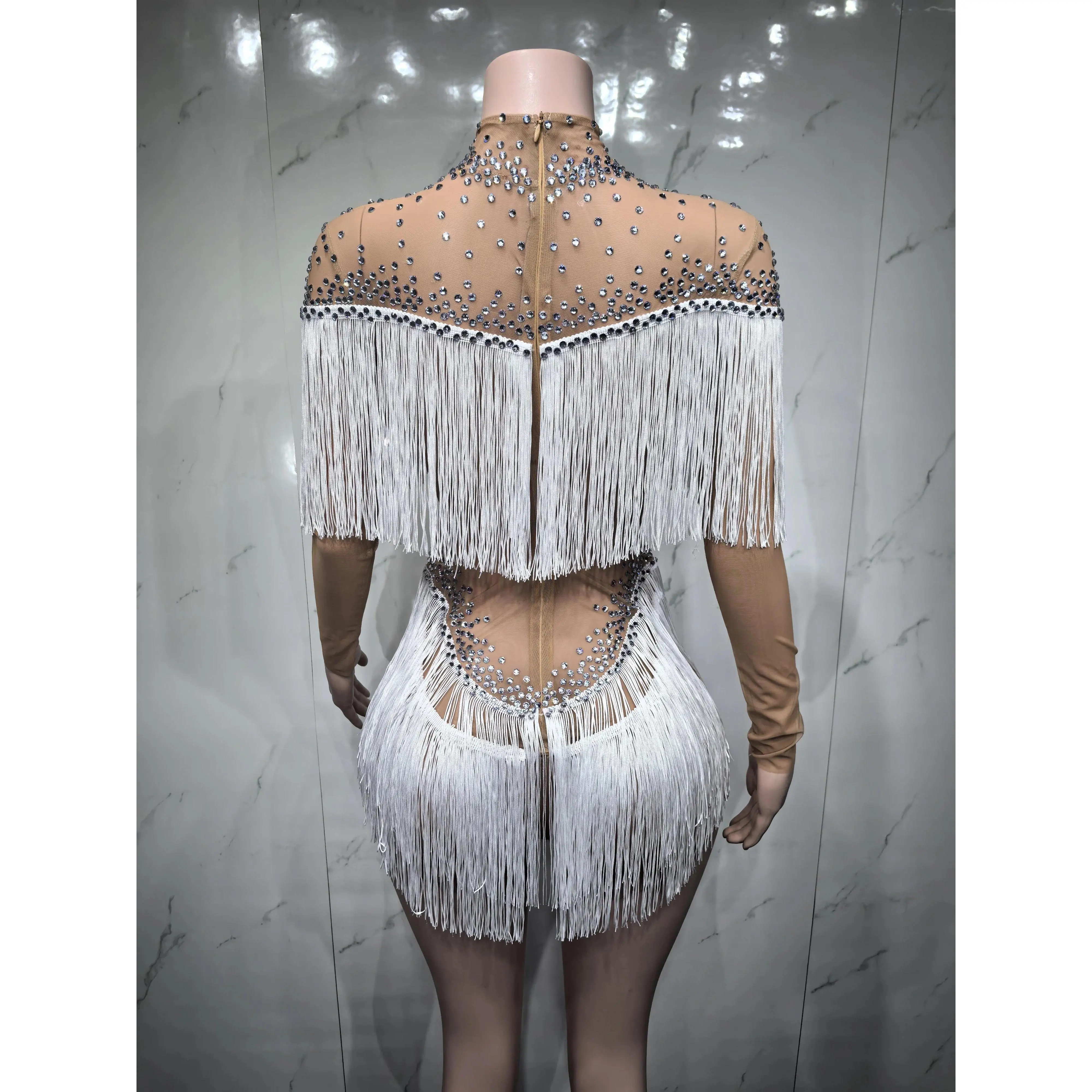 Rhinestones Tassels Bodysuit for WomenSexy Mesh Performance Dance Costume DancerStage Wear Nightclub Outfit  D225